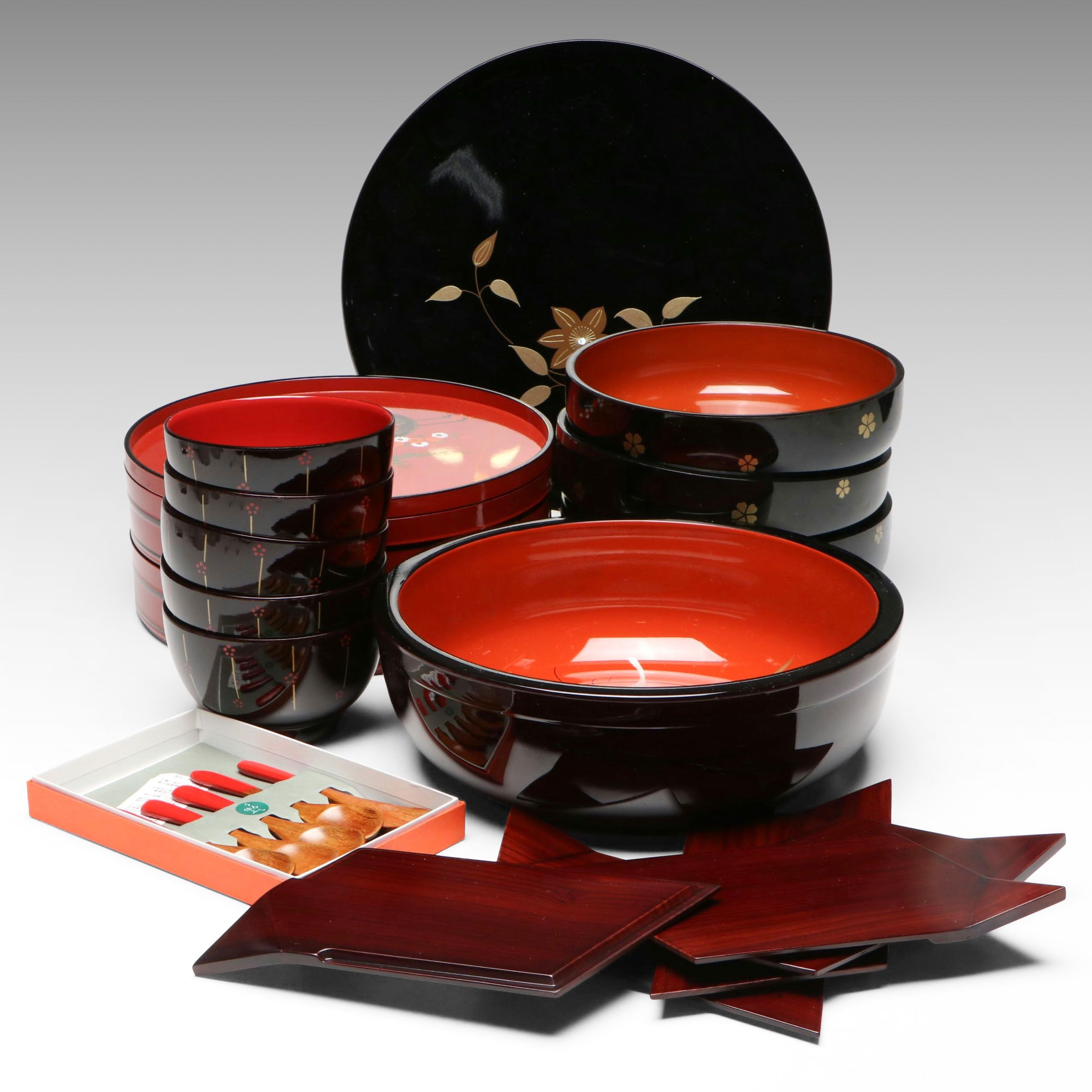 Japanese Lacquerware with Other Plates, Bowls and More, Mid to Late 20th Century