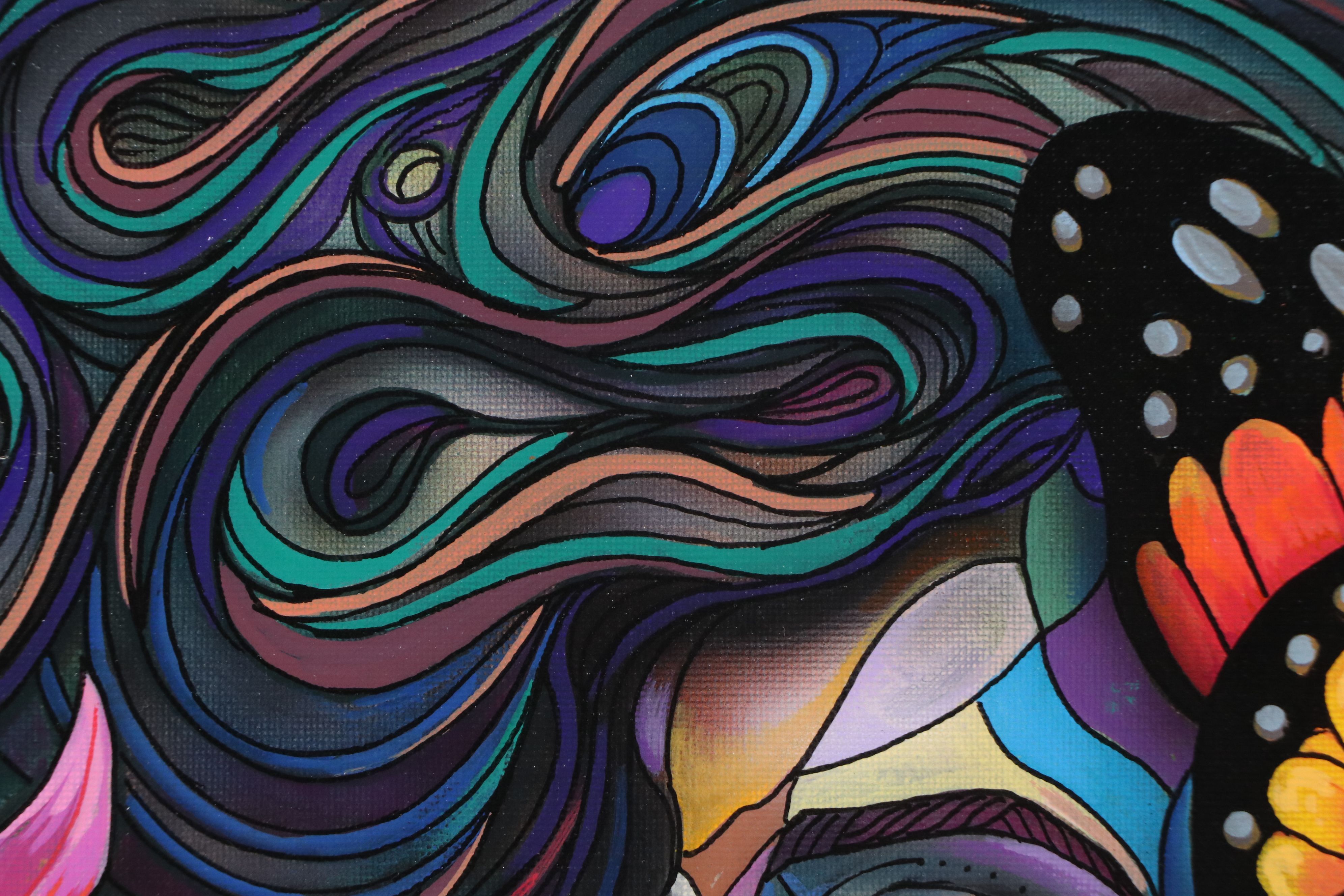 Ricardo Maya Stylized Acrylic Portrait of Woman with Butterfly, 21st Century