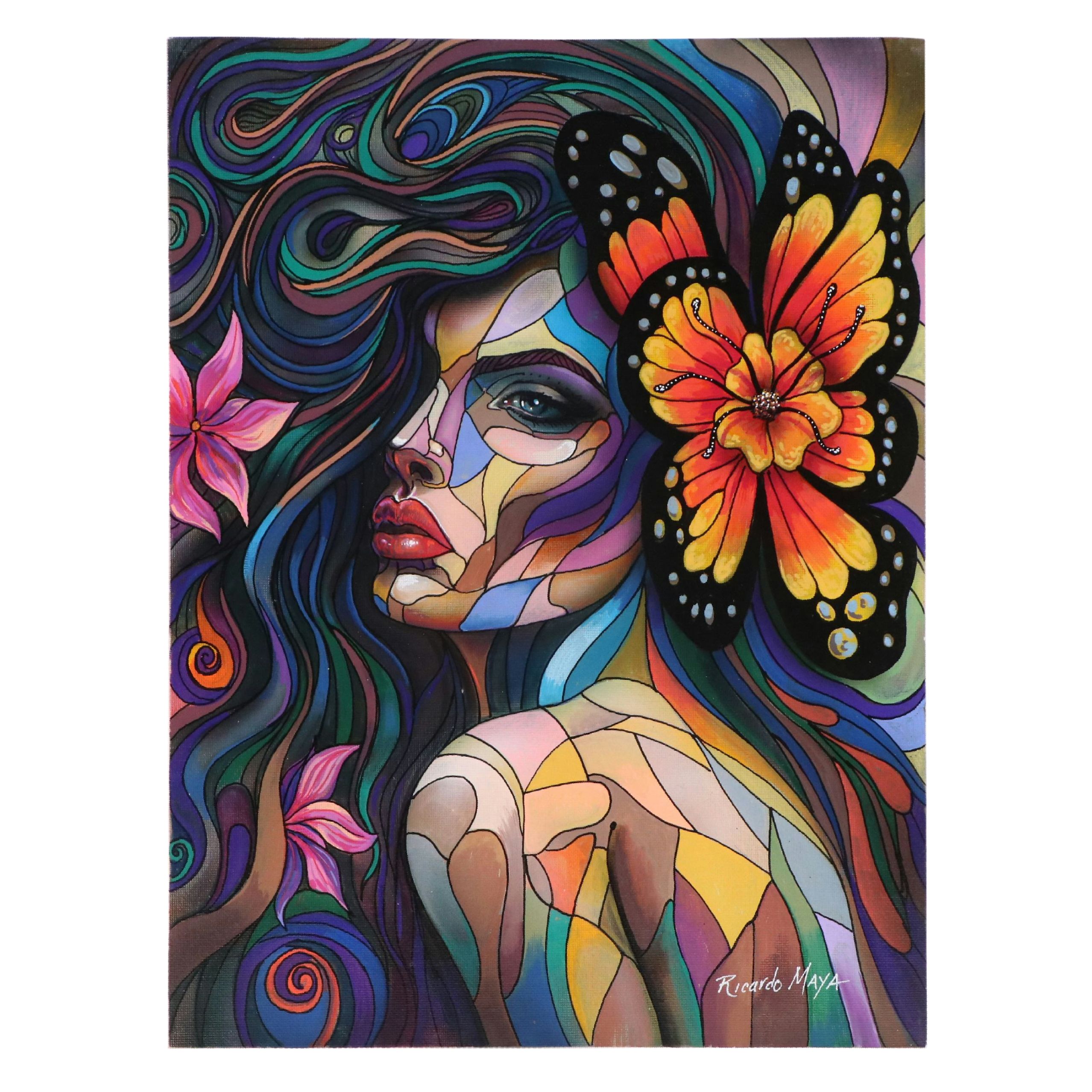 Ricardo Maya Stylized Acrylic Portrait of Woman with Butterfly, 21st Century