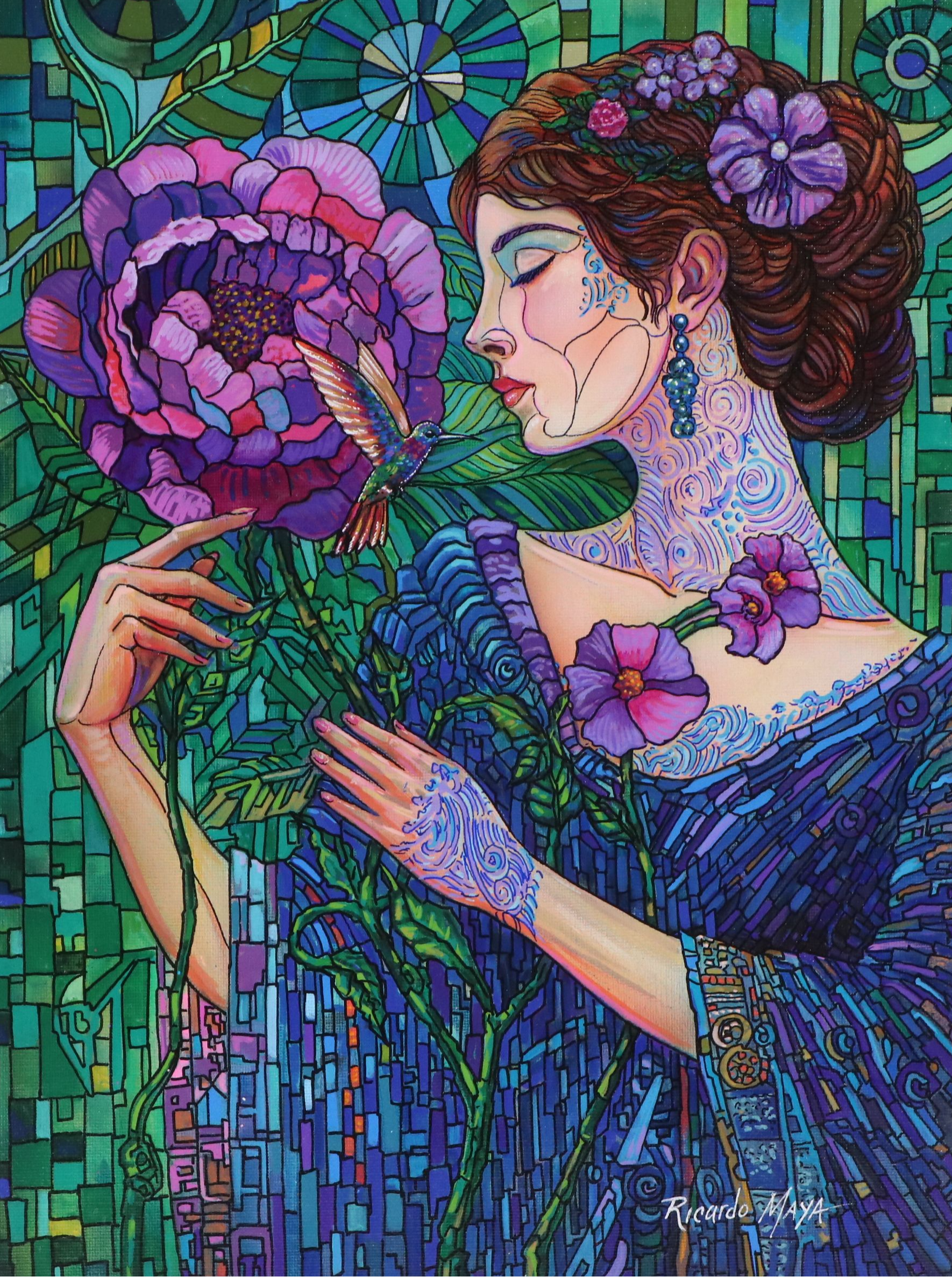 Ricardo Maya Stylized Acrylic Portrait of Woman with Peony, 21st Century