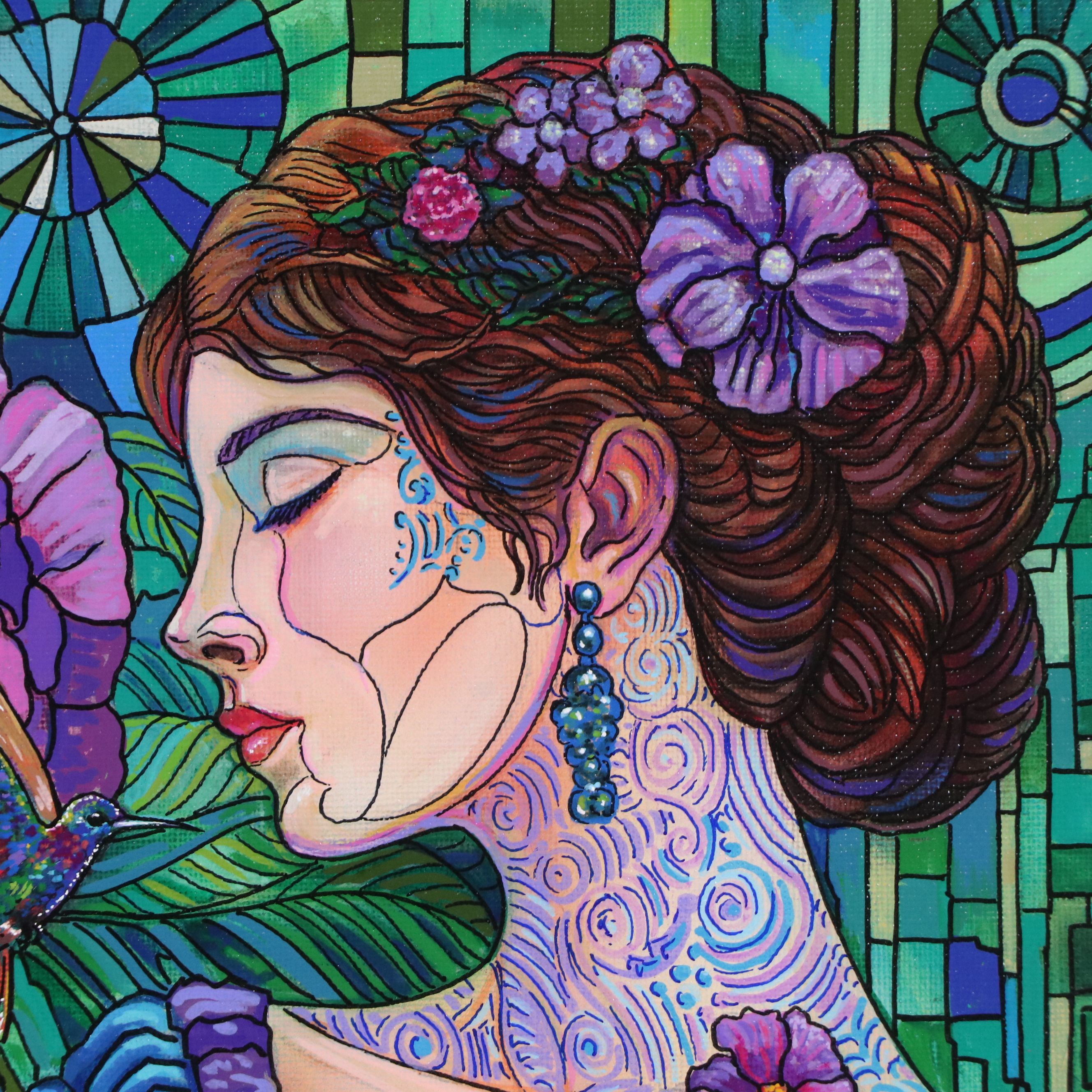 Ricardo Maya Stylized Acrylic Portrait of Woman with Peony, 21st Century
