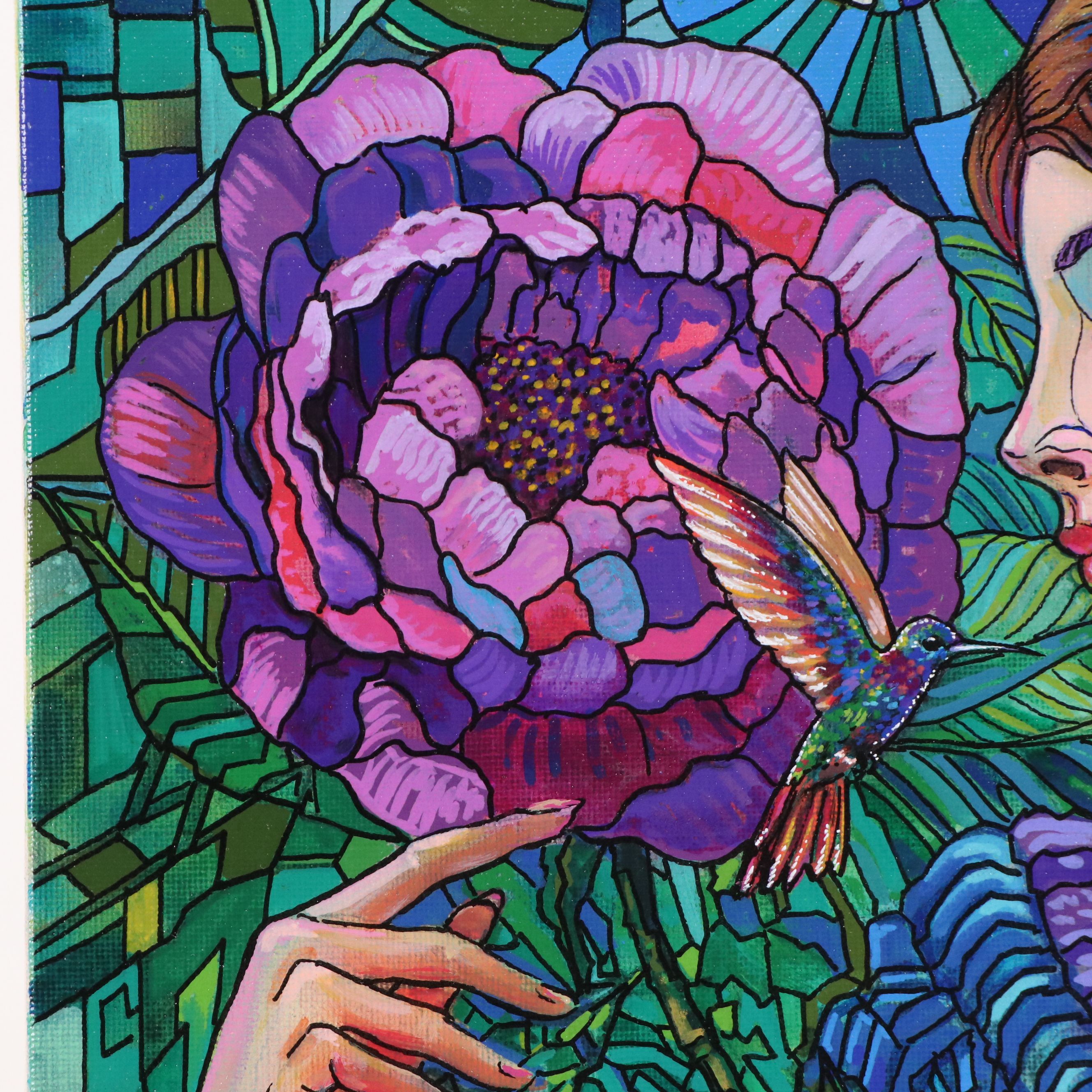 Ricardo Maya Stylized Acrylic Portrait of Woman with Peony, 21st Century