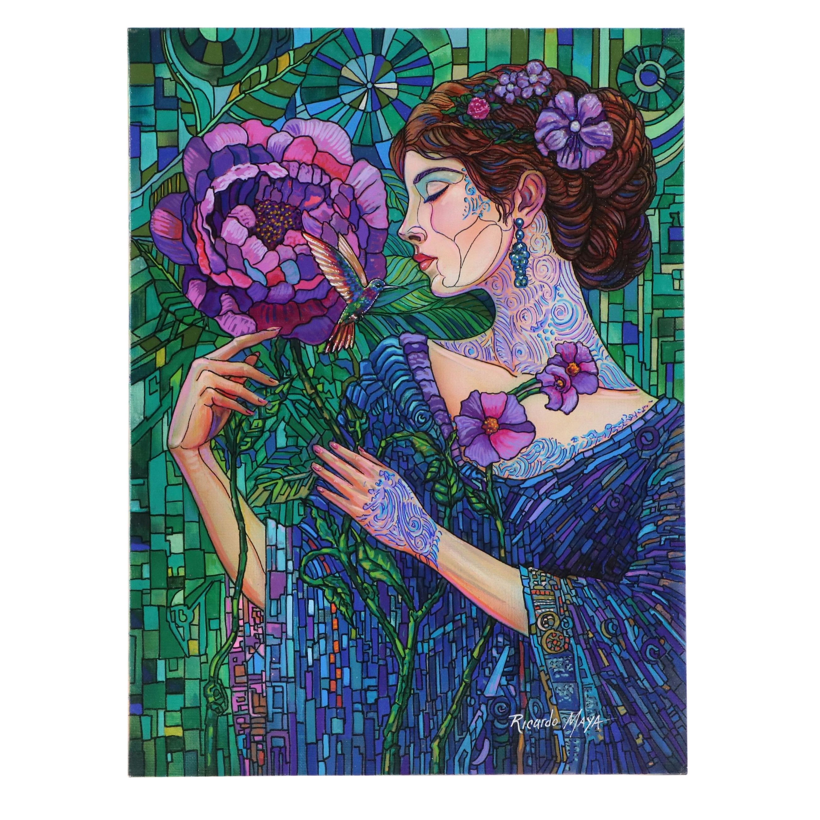Ricardo Maya Stylized Acrylic Portrait of Woman with Peony, 21st Century