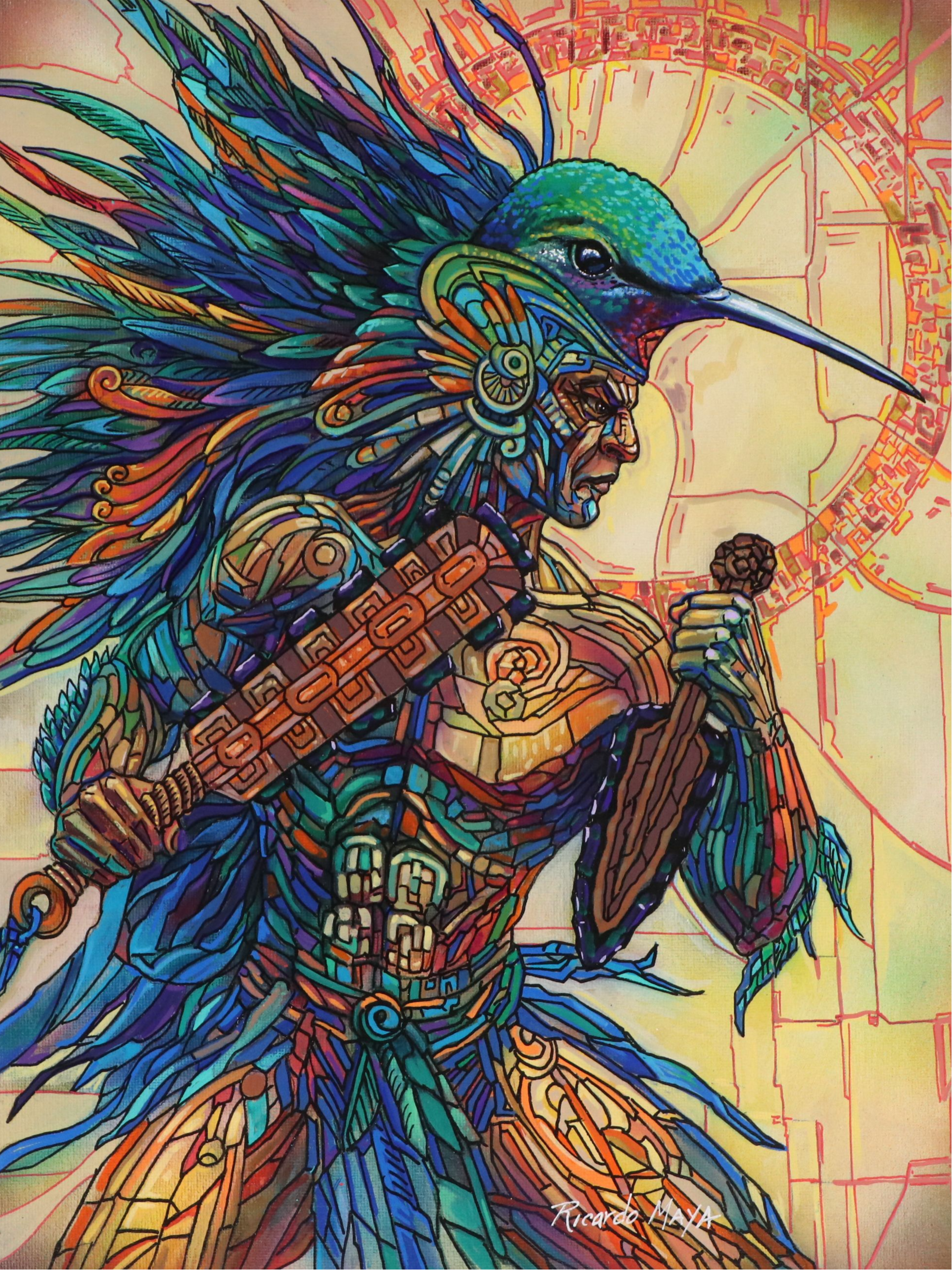 Ricardo Maya Stylized Acrylic Portrait of Warrior, 21st Century