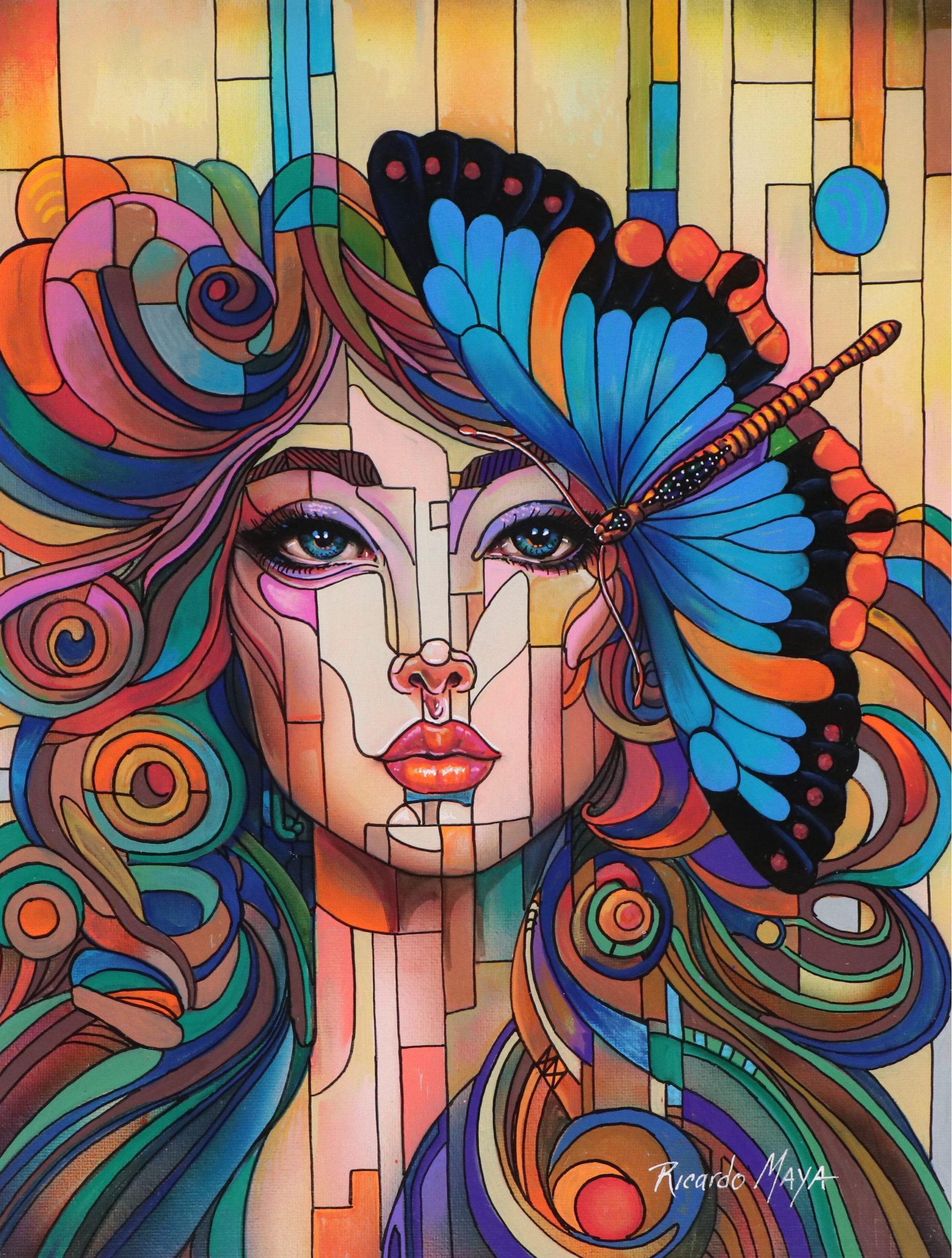 Ricardo Maya Stylized Acrylic Portrait of Woman with Butterfly, 21st Century