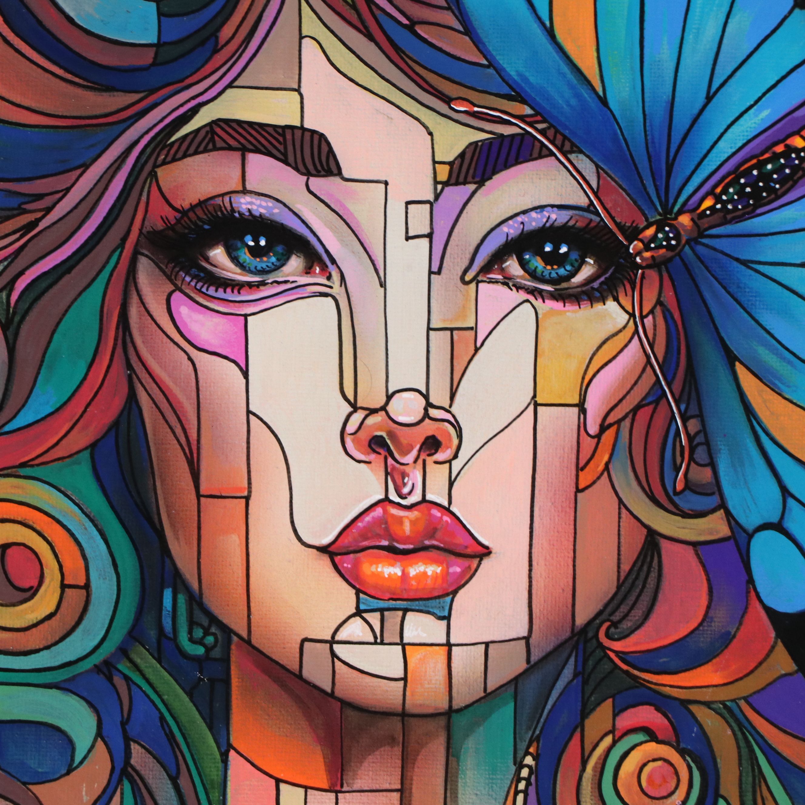 Ricardo Maya Stylized Acrylic Portrait of Woman with Butterfly, 21st Century