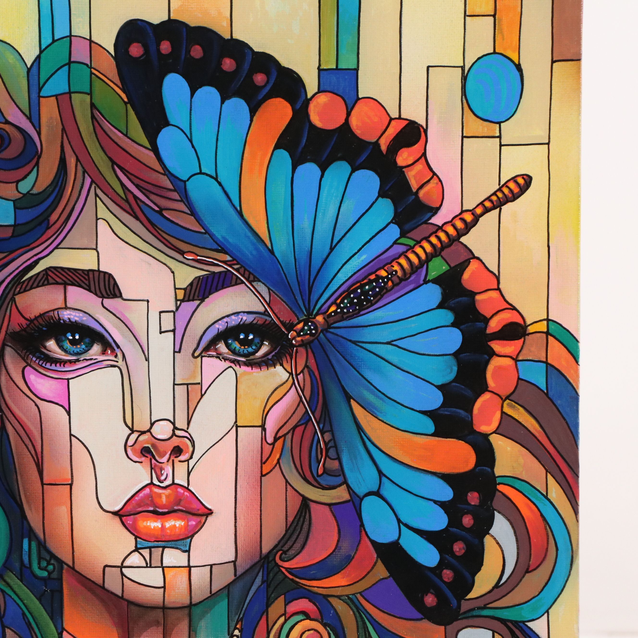 Ricardo Maya Stylized Acrylic Portrait of Woman with Butterfly, 21st Century