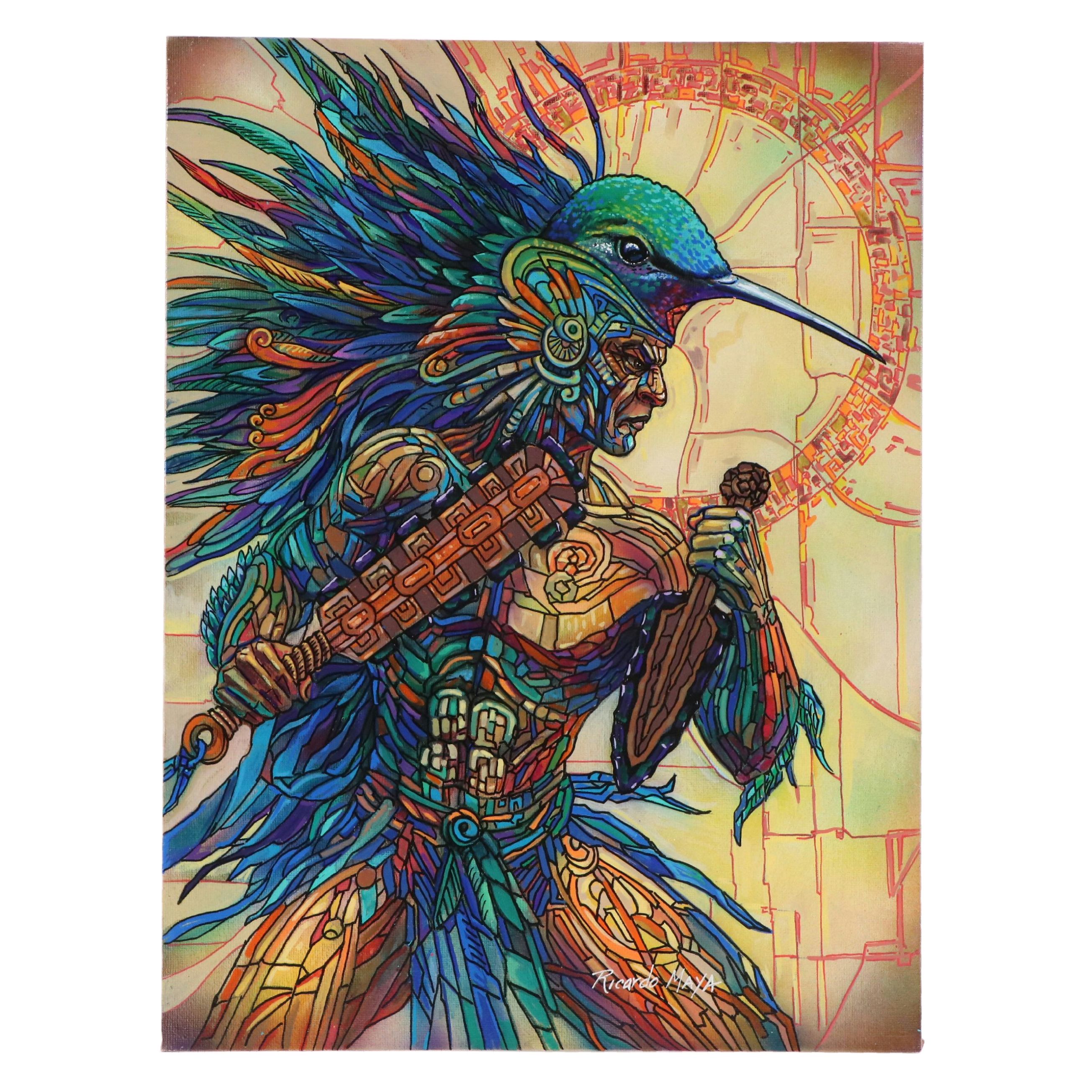 Ricardo Maya Stylized Acrylic Portrait of Warrior, 21st Century