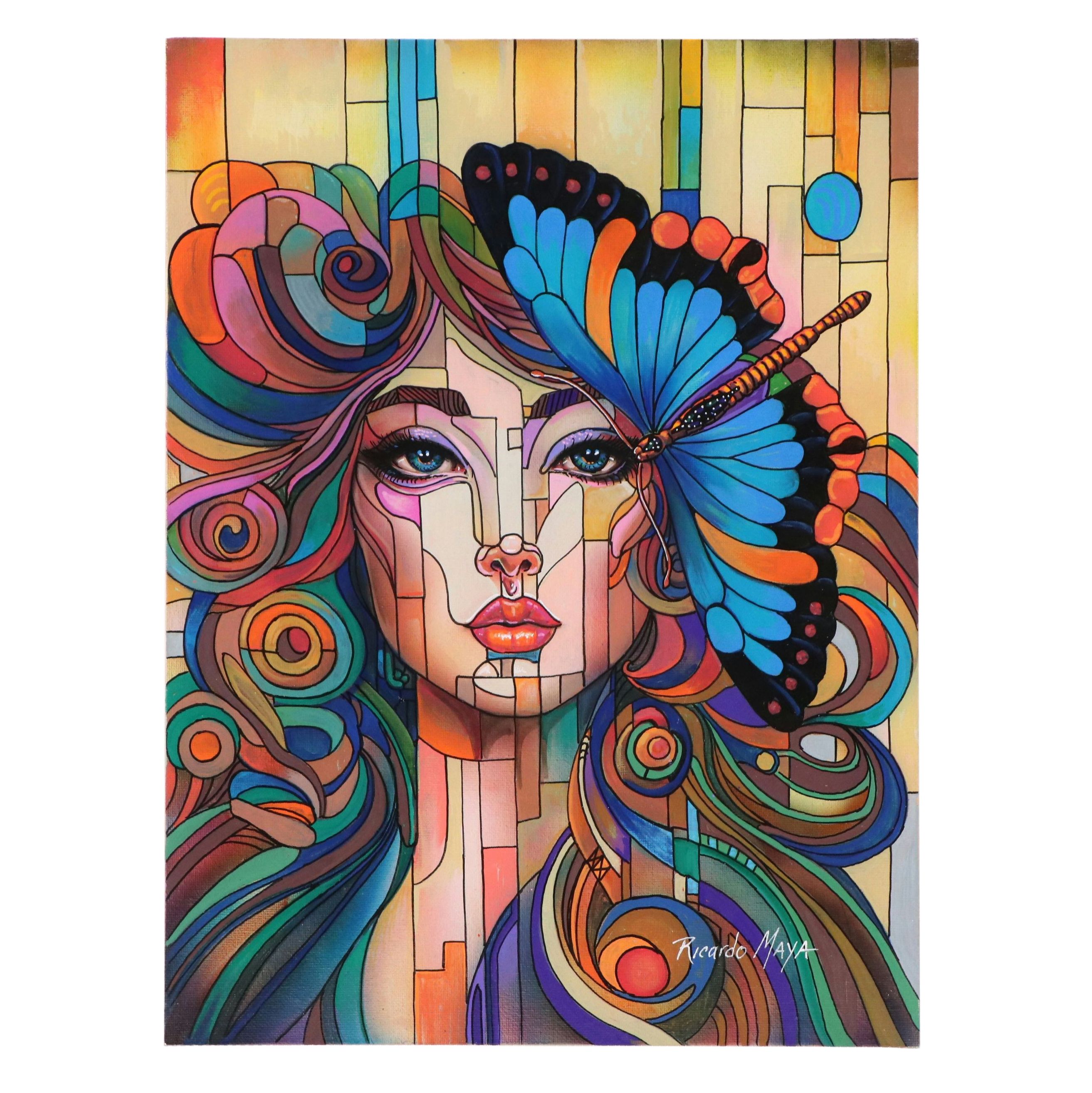Ricardo Maya Stylized Acrylic Portrait of Woman with Butterfly, 21st Century