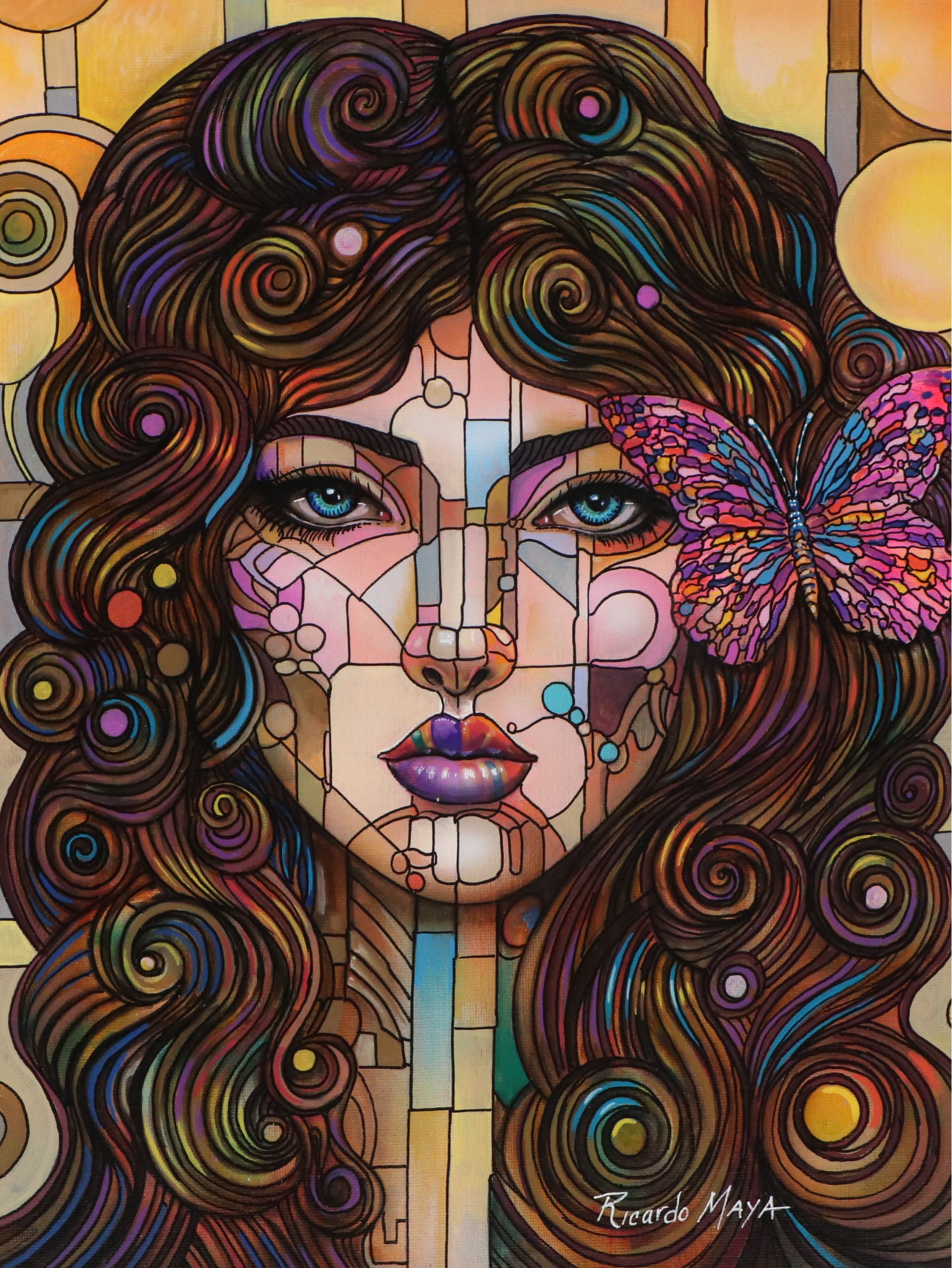 Ricardo Maya Stylized Acrylic Portrait of Woman with Butterfly, 21st Century