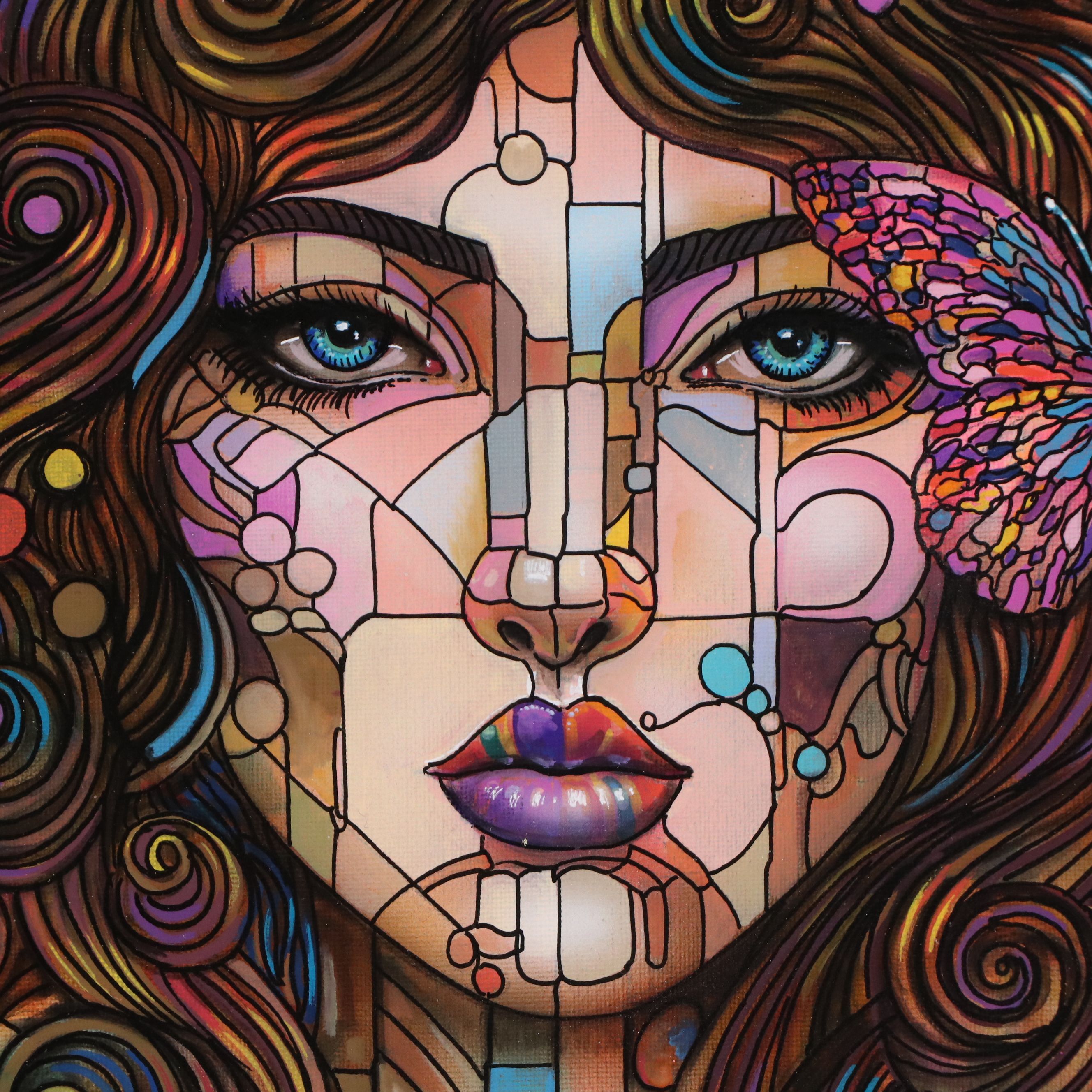 Ricardo Maya Stylized Acrylic Portrait of Woman with Butterfly, 21st Century