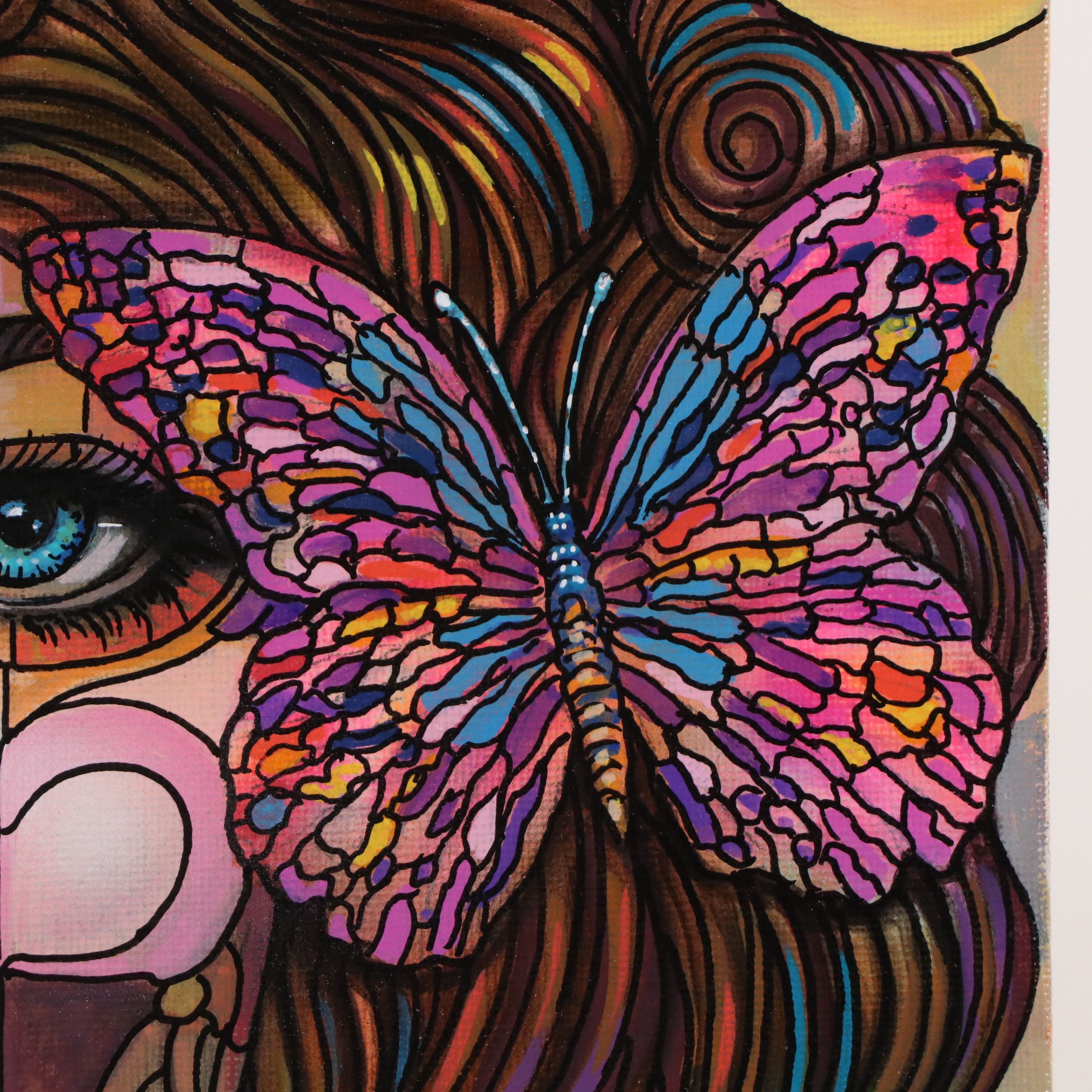 Ricardo Maya Stylized Acrylic Portrait of Woman with Butterfly, 21st Century
