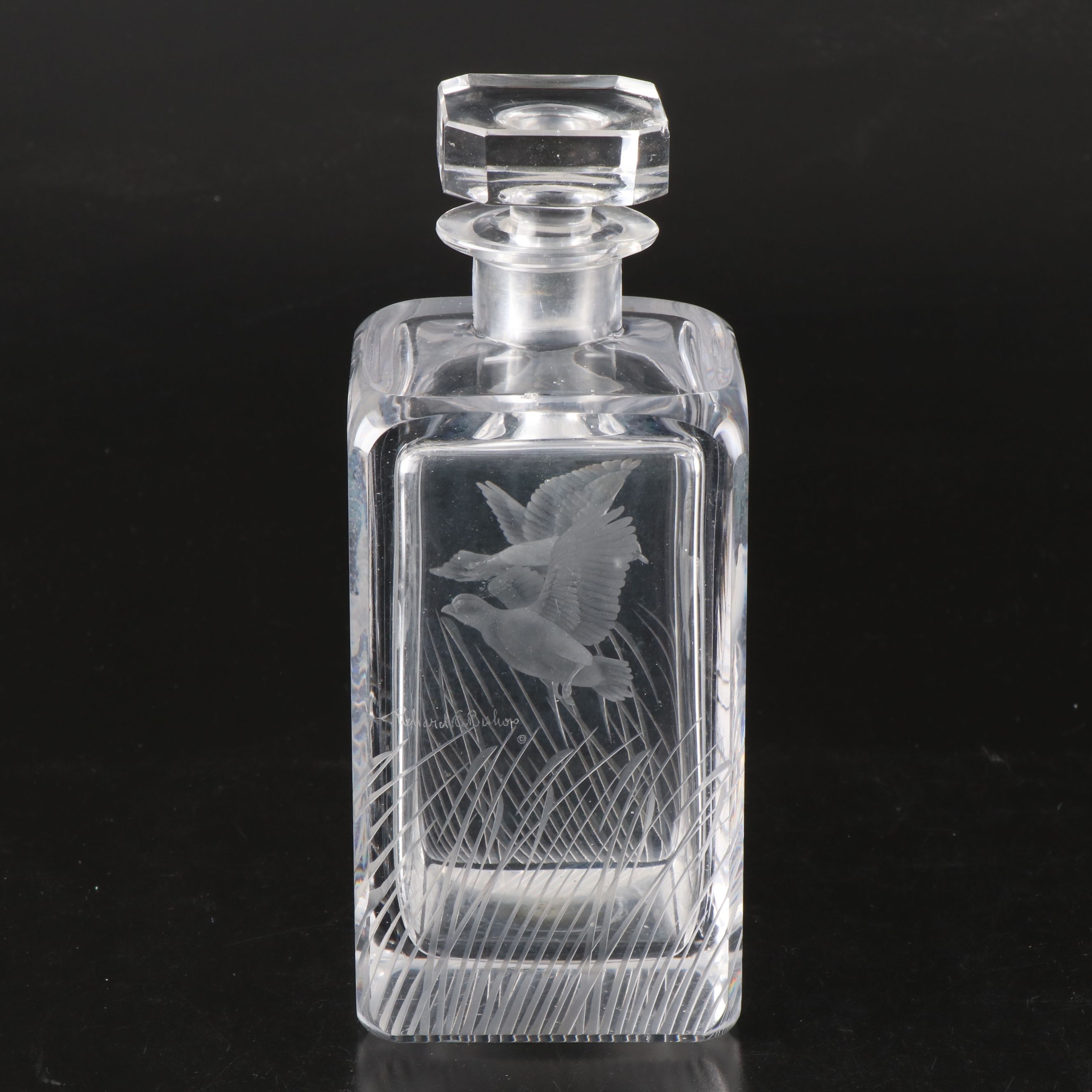 Richard E. Bishop Etched Crystal Waterfowl Stoppered Decanter