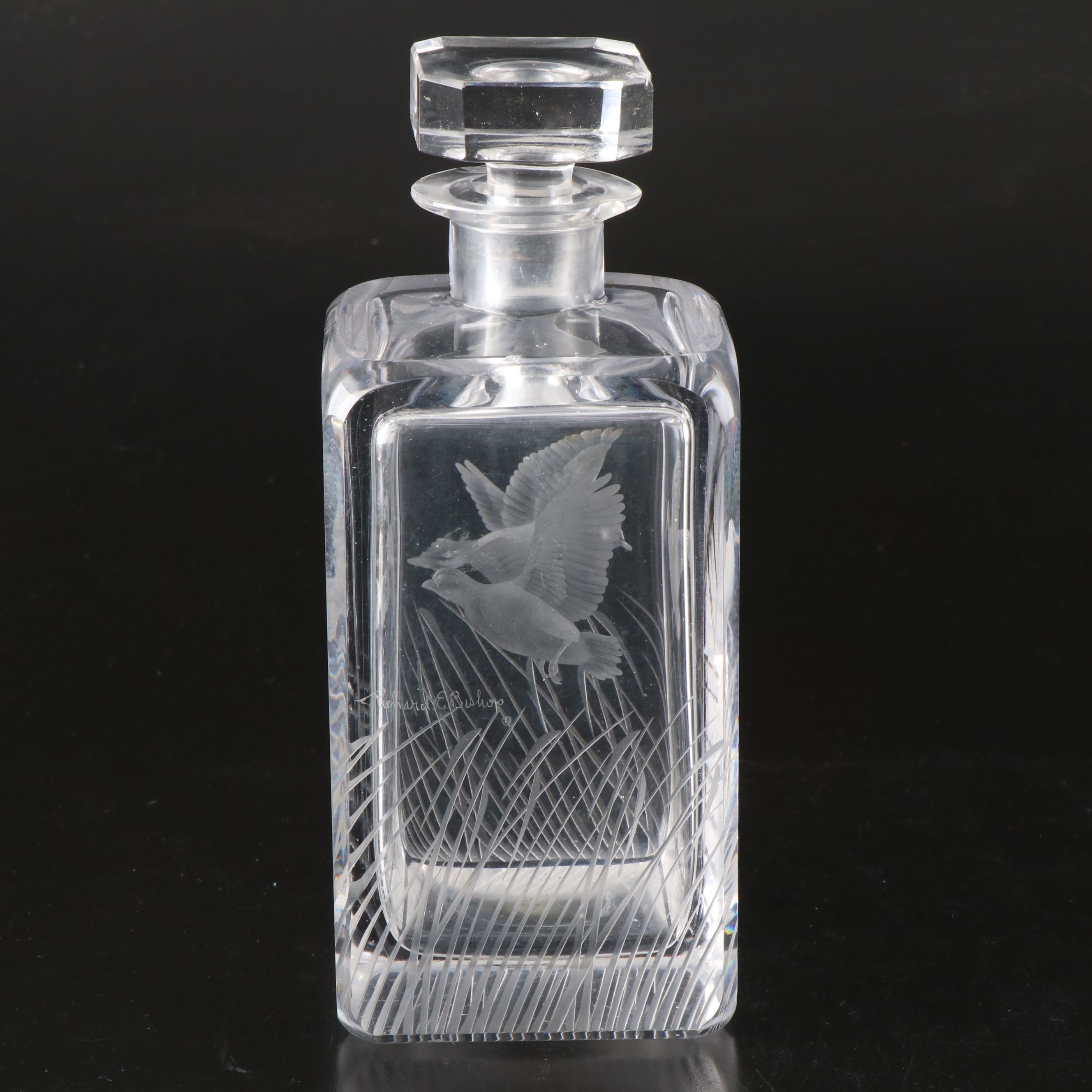 Richard E. Bishop Etched Crystal Waterfowl Stoppered Decanter