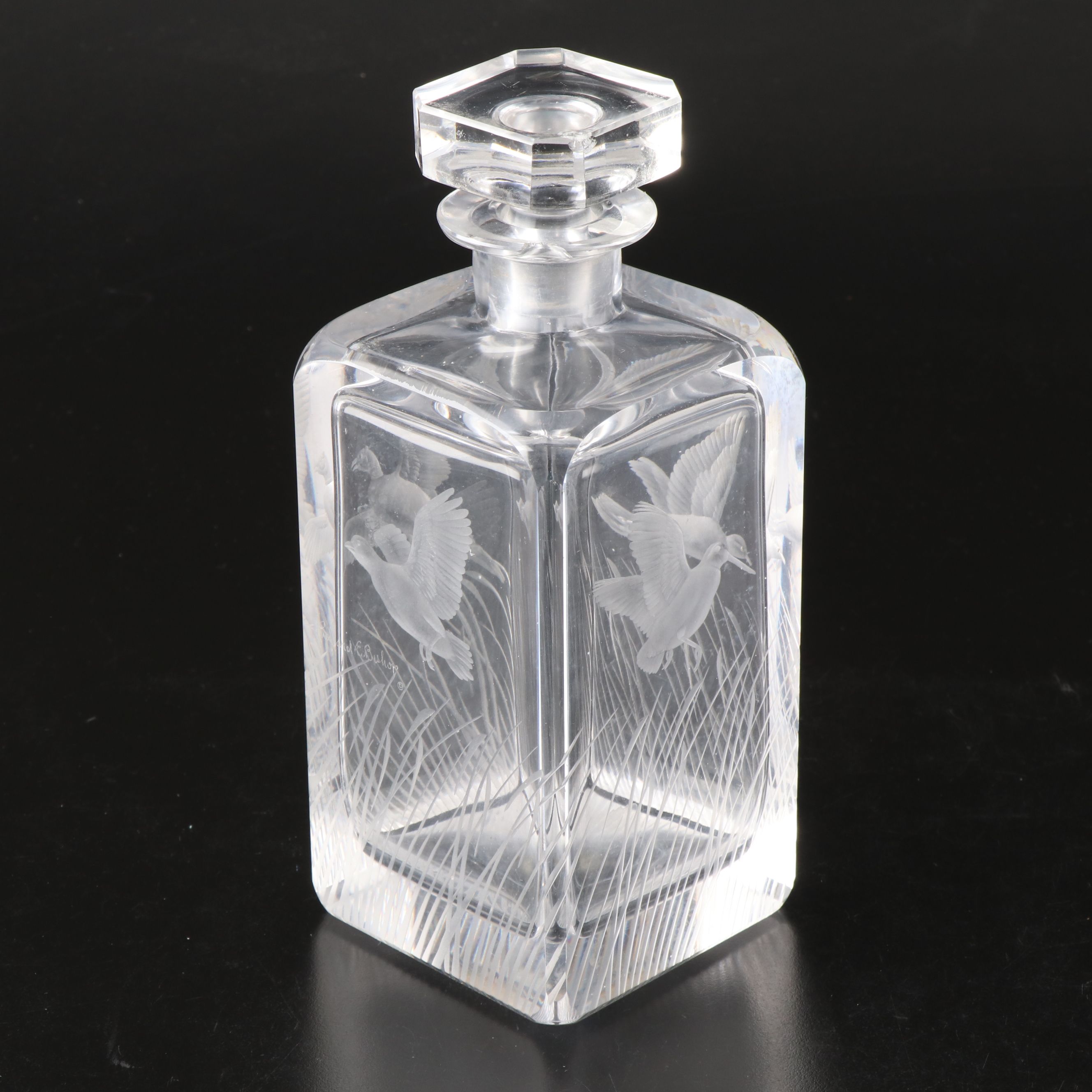 Richard E. Bishop Etched Crystal Waterfowl Stoppered Decanter