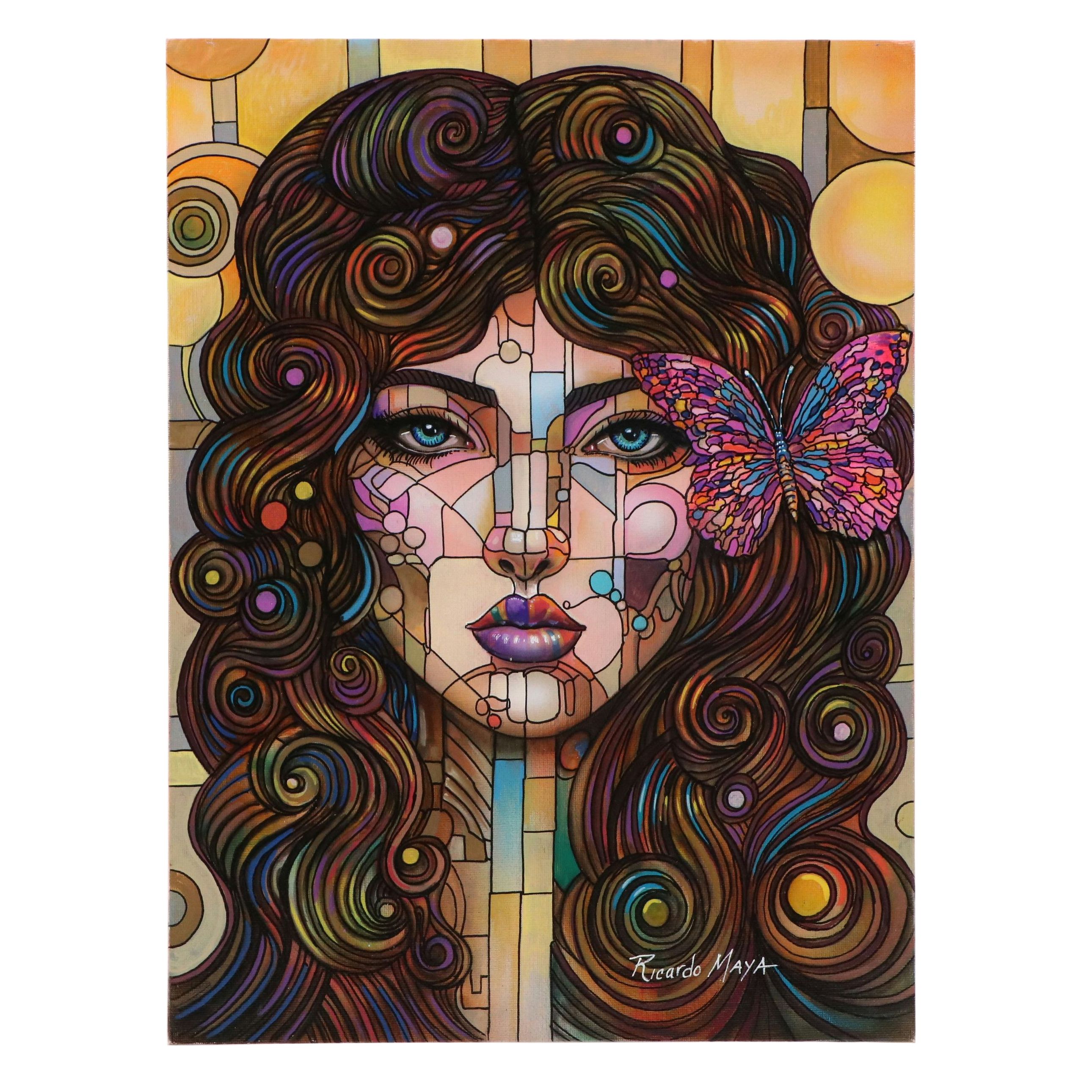Ricardo Maya Stylized Acrylic Portrait of Woman with Butterfly, 21st Century