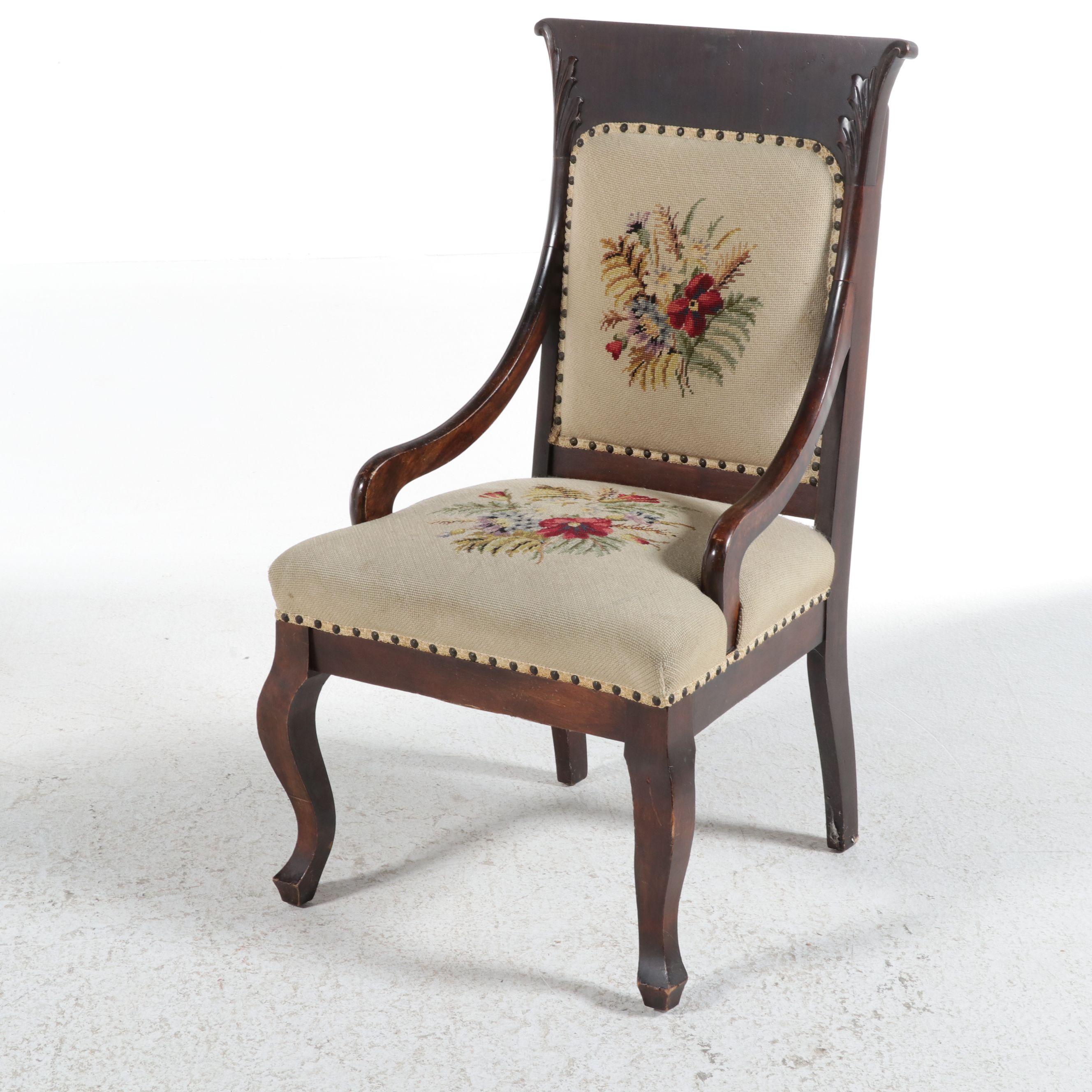 American Classical Revival Walnut Nursing Chair with Needlepoint Upholstery