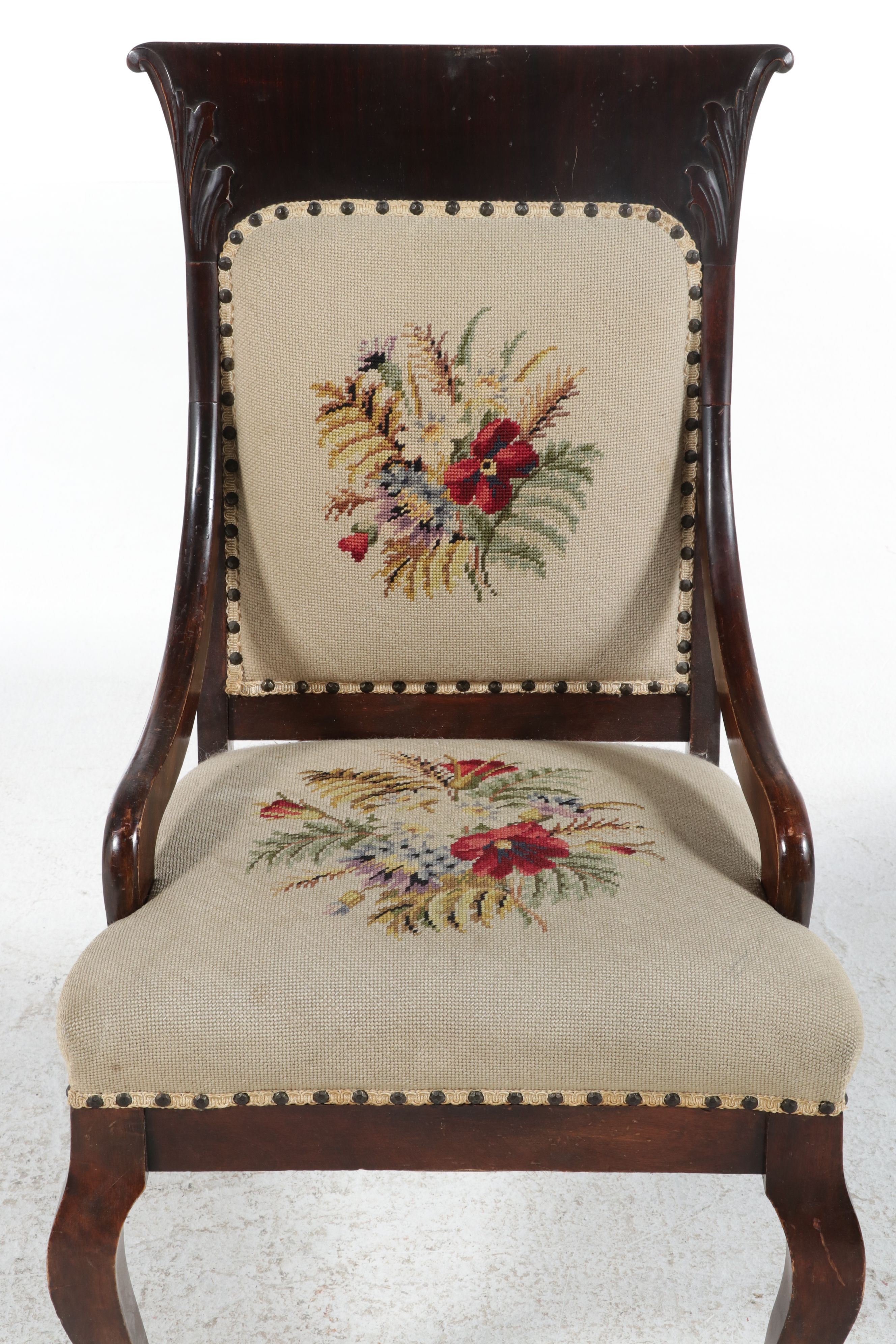 American Classical Revival Walnut Nursing Chair with Needlepoint Upholstery