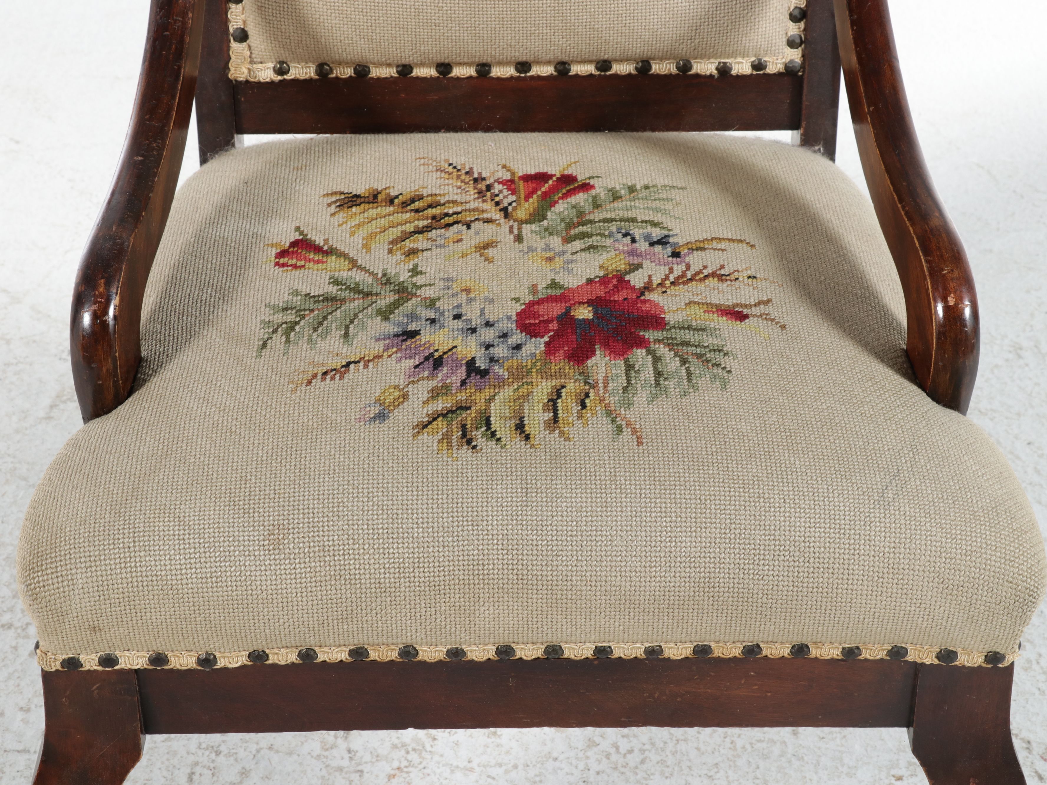 American Classical Revival Walnut Nursing Chair with Needlepoint Upholstery