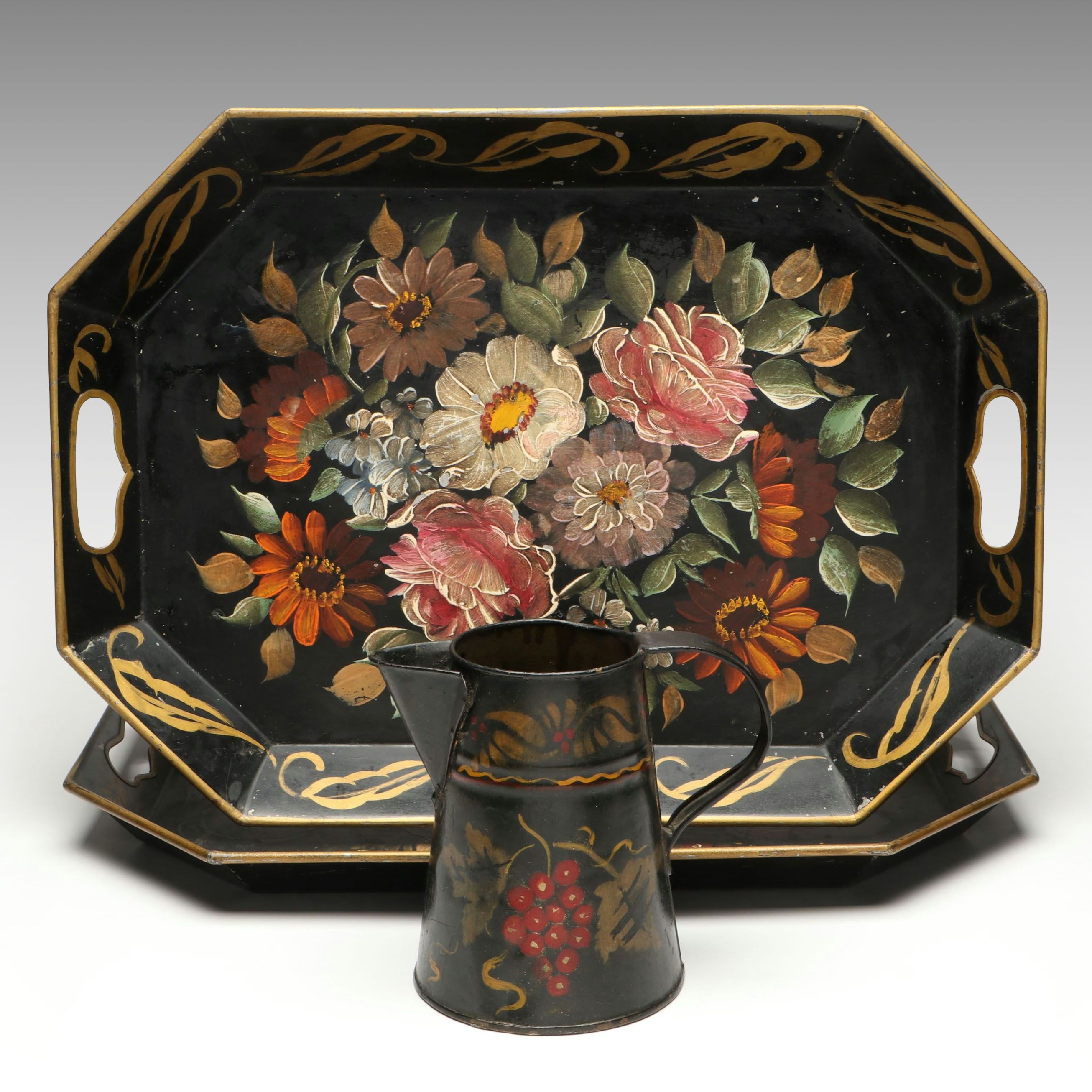 English Style Toleware Trays and Pitcher, Mid-20th Century