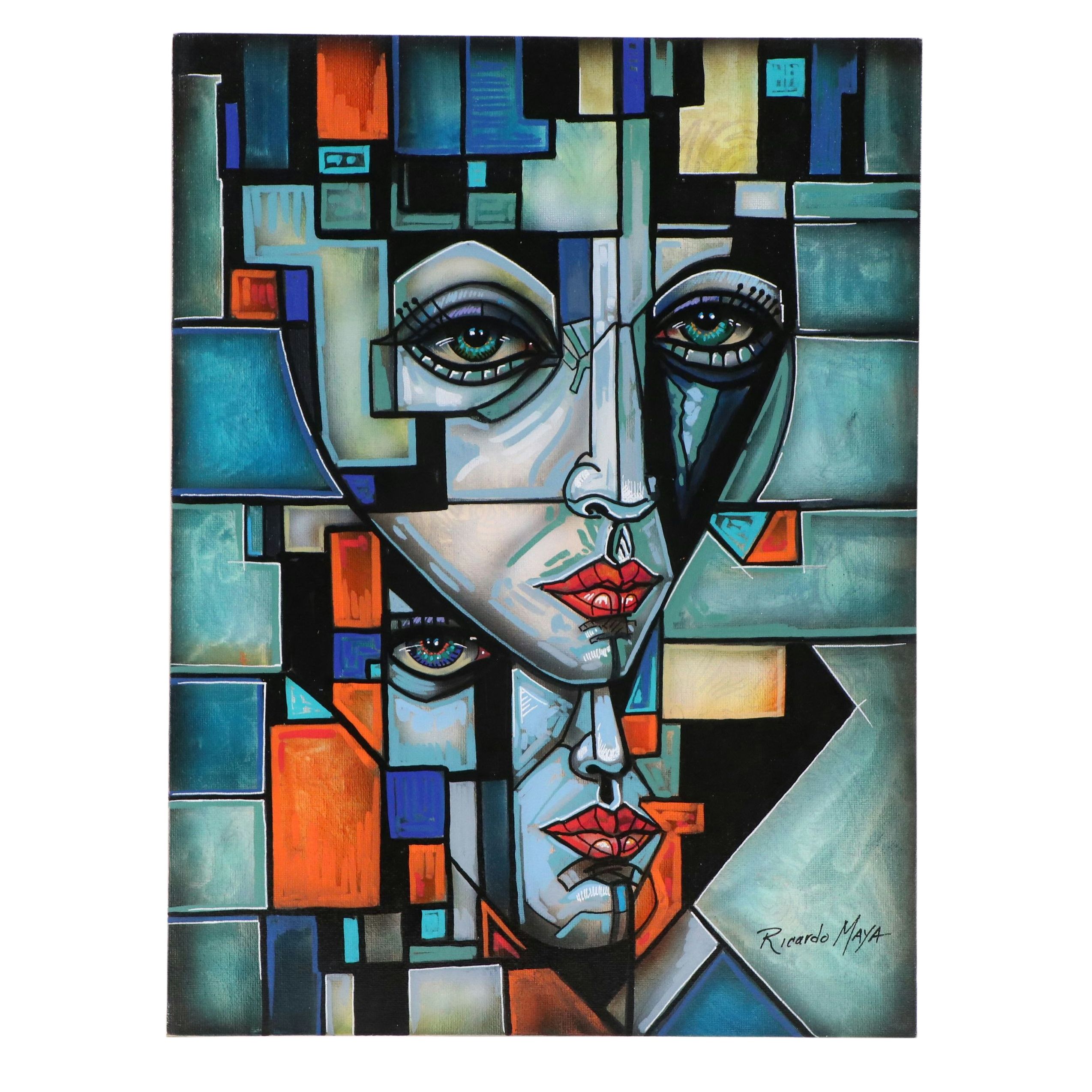 Ricardo Maya Surrealistic Acrylic Portrait of Woman, 21st Century