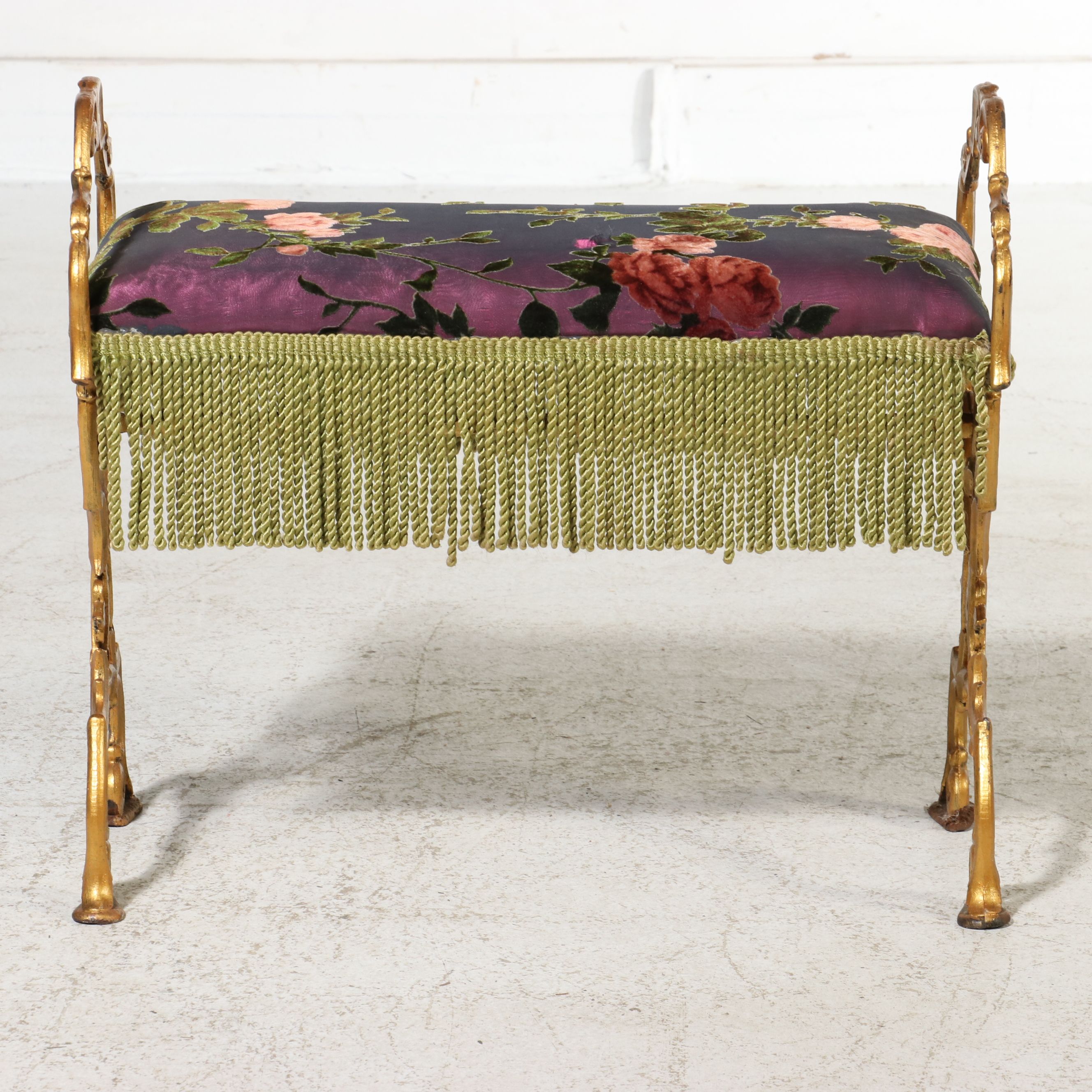 Rococo Revival Style Gilt Metal Vanity Bench with Floral Velvet Upholstery