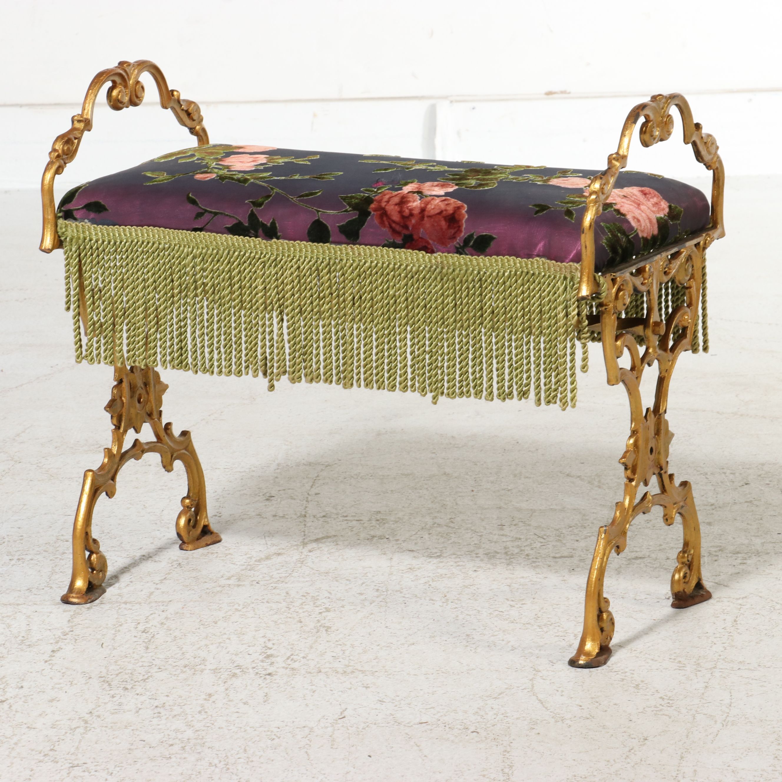 Rococo Revival Style Gilt Metal Vanity Bench with Floral Velvet Upholstery