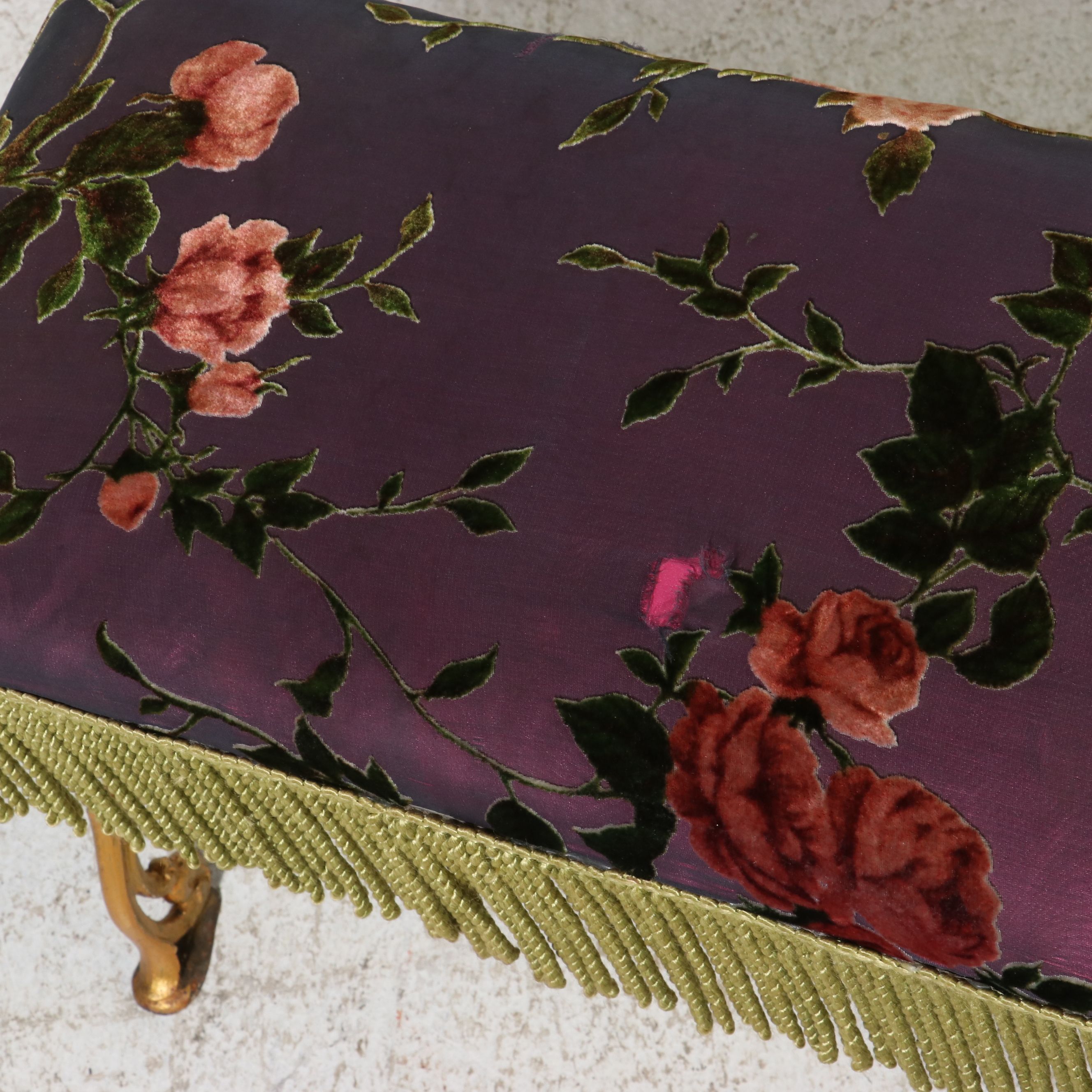 Rococo Revival Style Gilt Metal Vanity Bench with Floral Velvet Upholstery