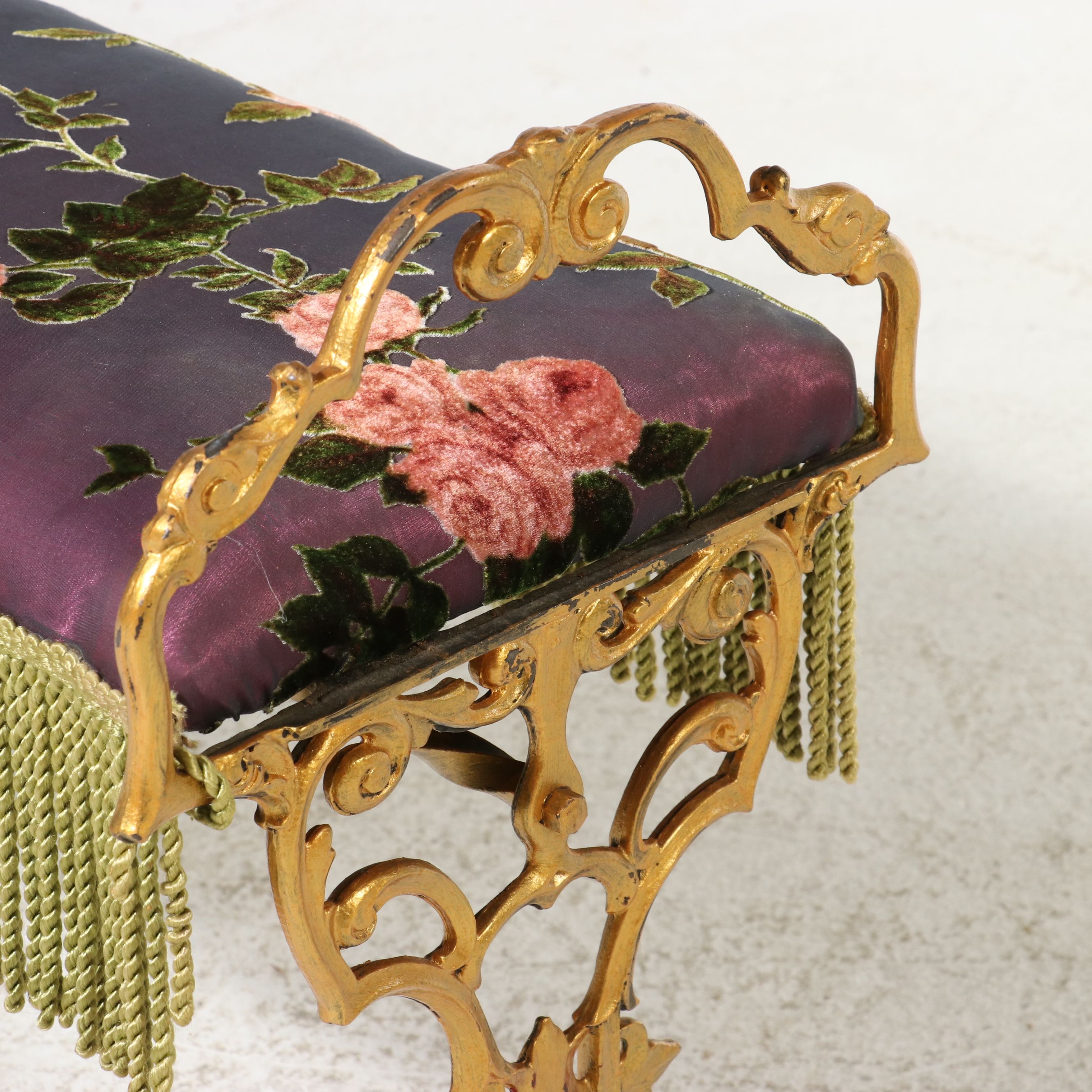 Rococo Revival Style Gilt Metal Vanity Bench with Floral Velvet Upholstery