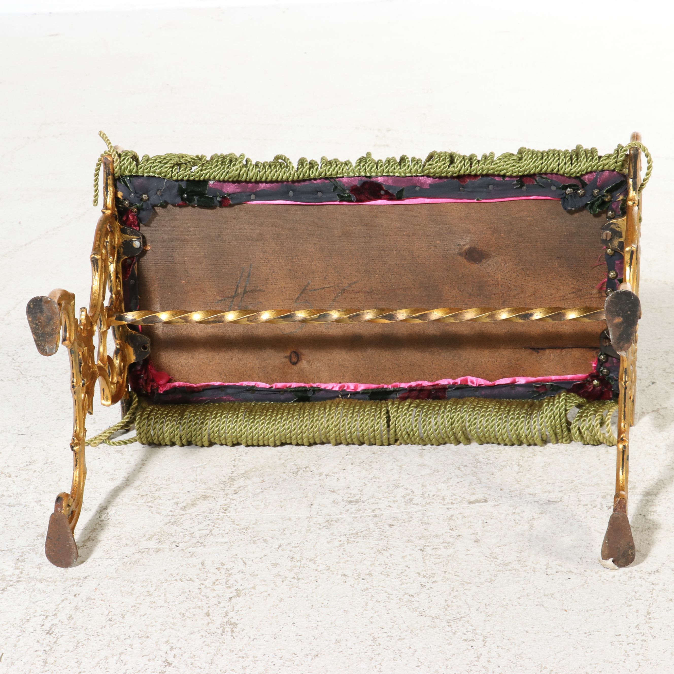 Rococo Revival Style Gilt Metal Vanity Bench with Floral Velvet Upholstery