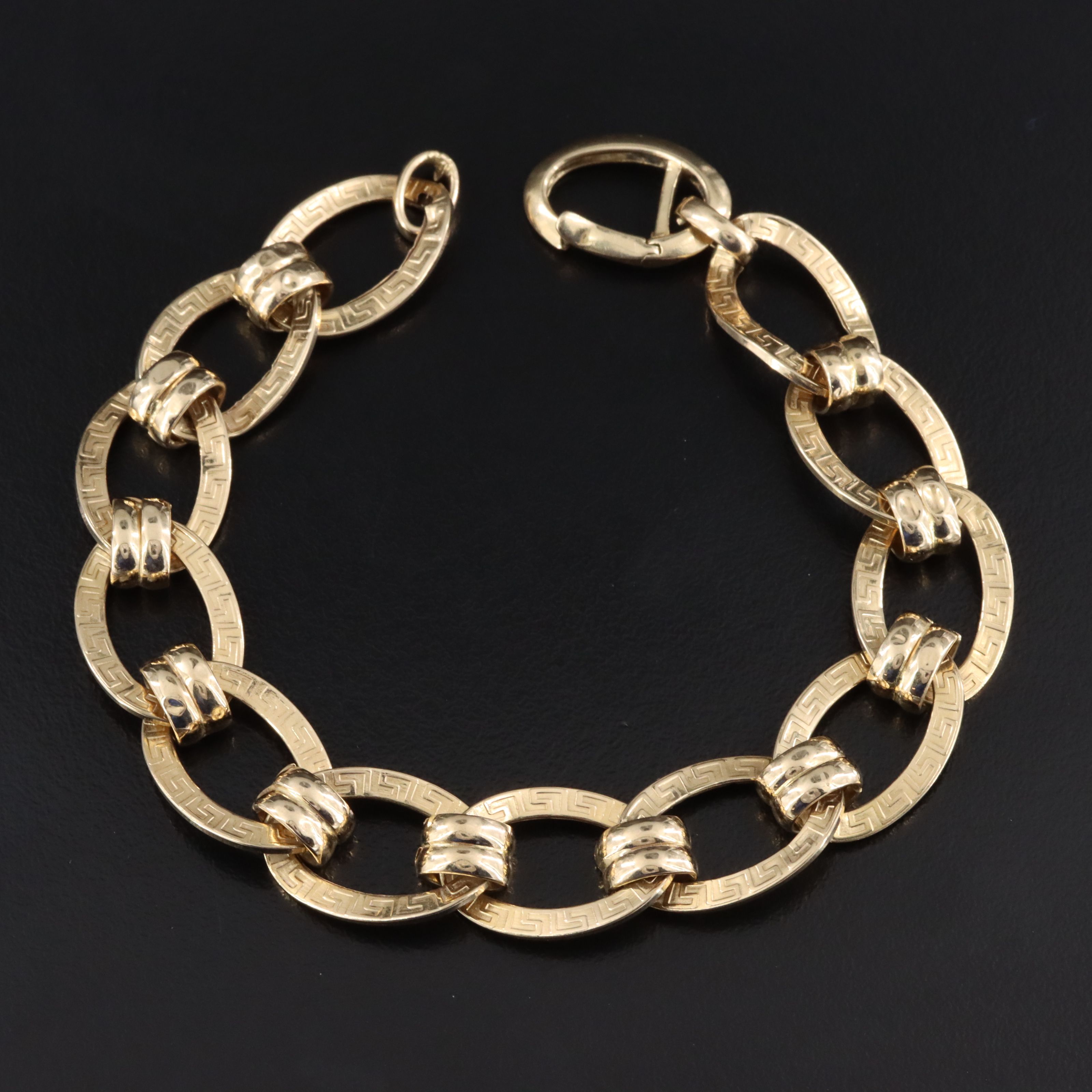 14K Oval Link Bracelet with Greek Key Motif