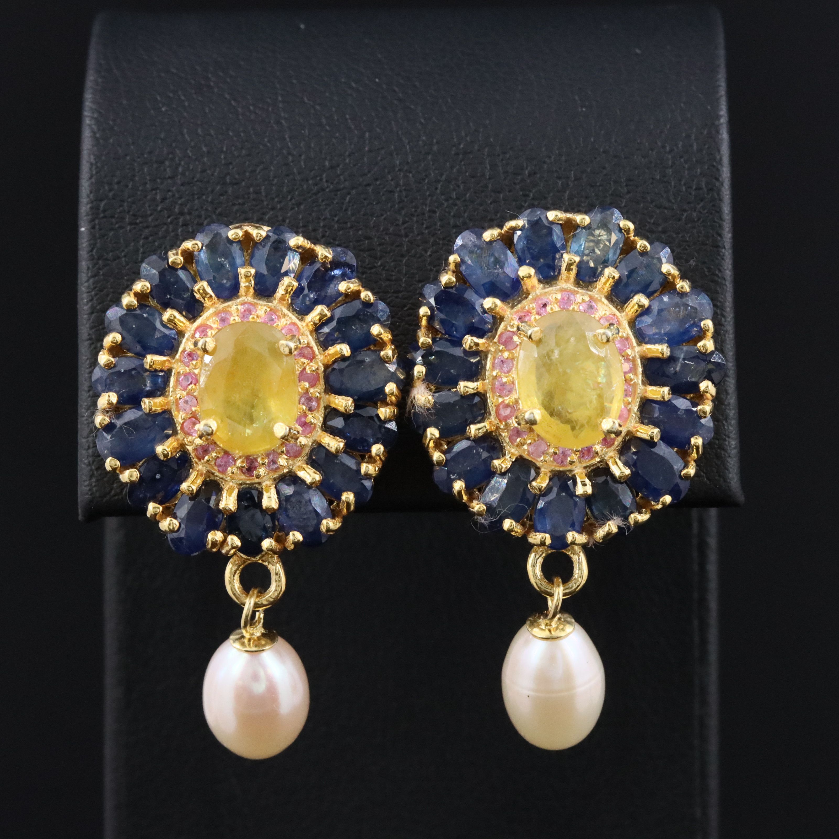 Sterling Sapphire, Ruby, and Pearl Earrings