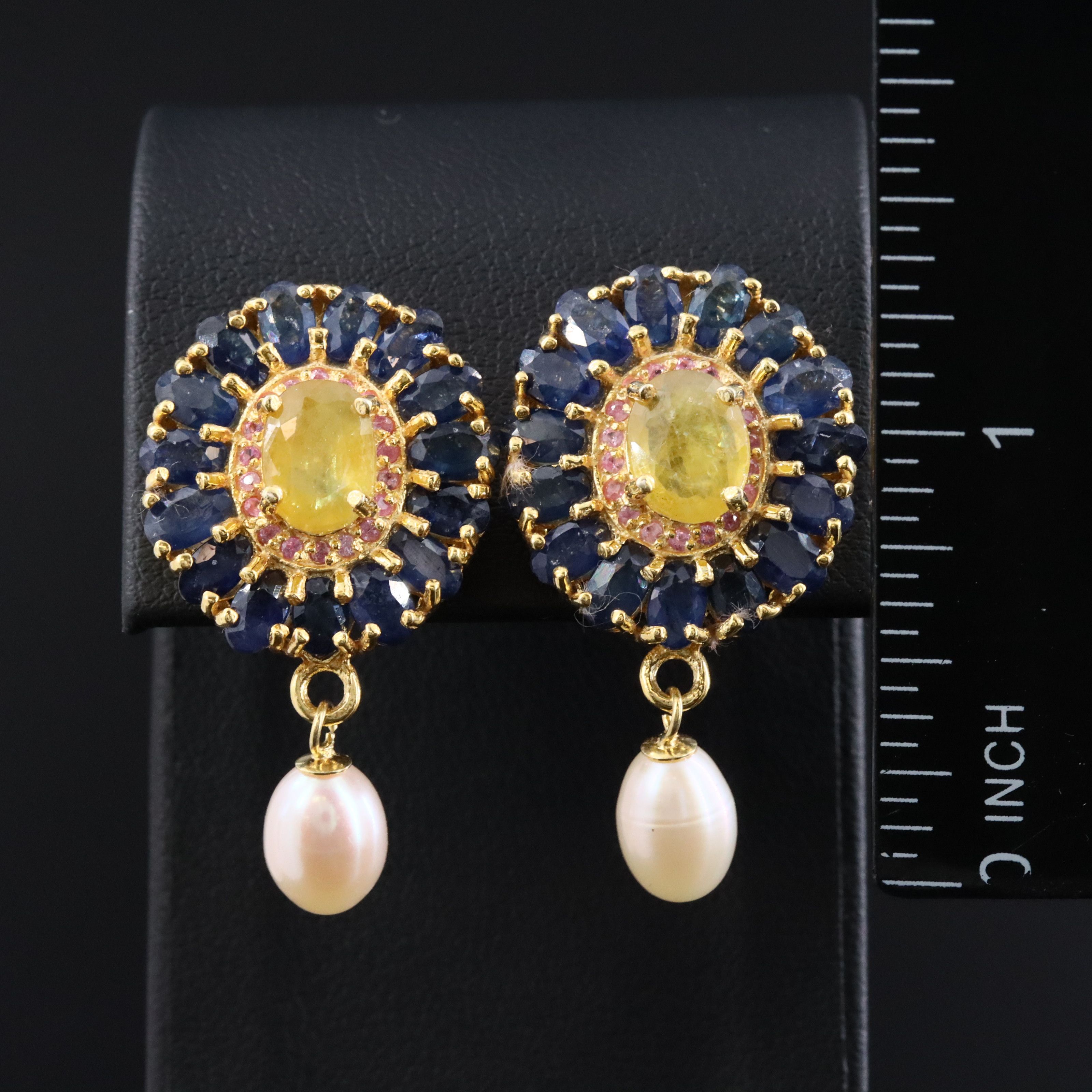 Sterling Sapphire, Ruby, and Pearl Earrings