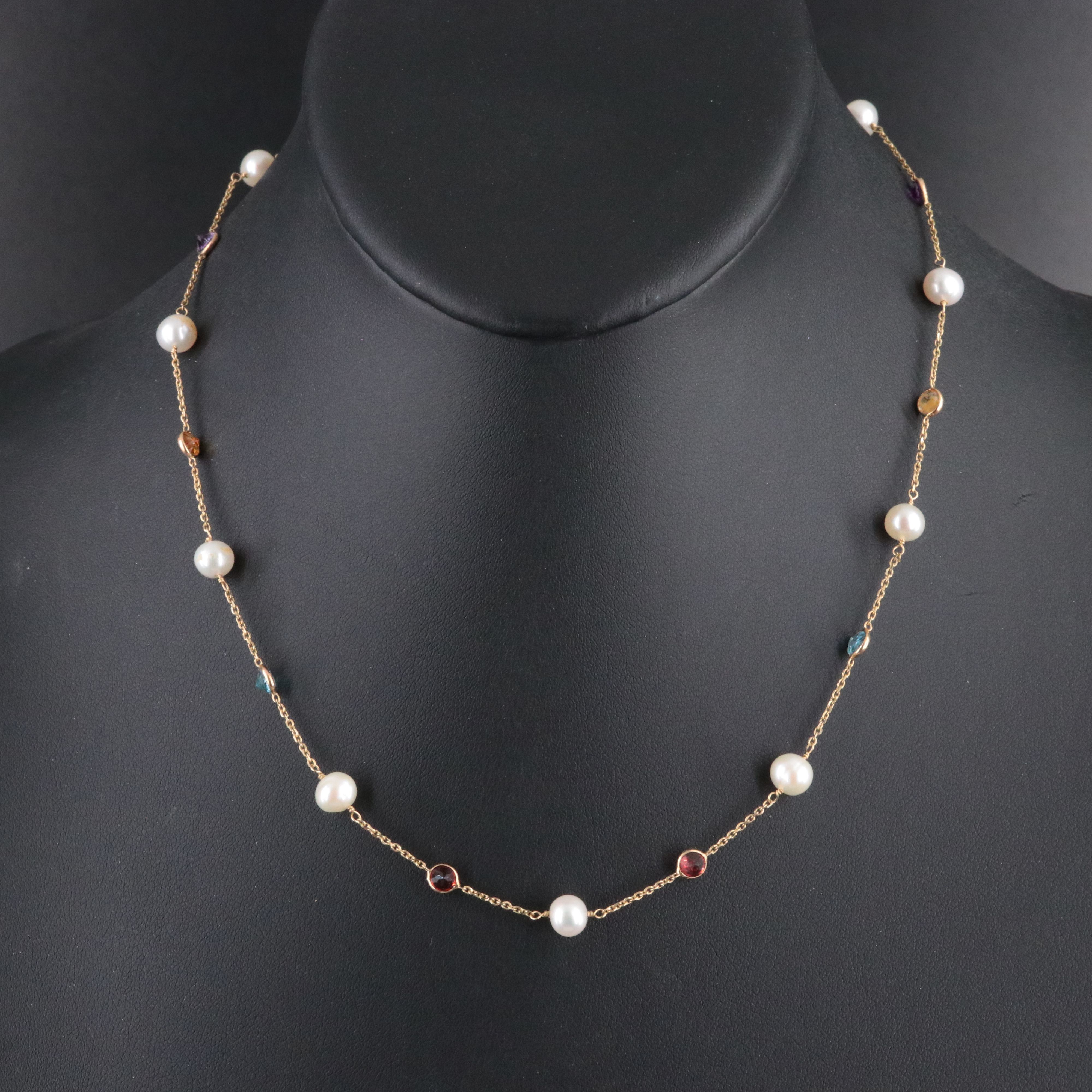 14K Pearl and Gemstone Station Necklace Featuring Peridot, Amethyst, Garnet