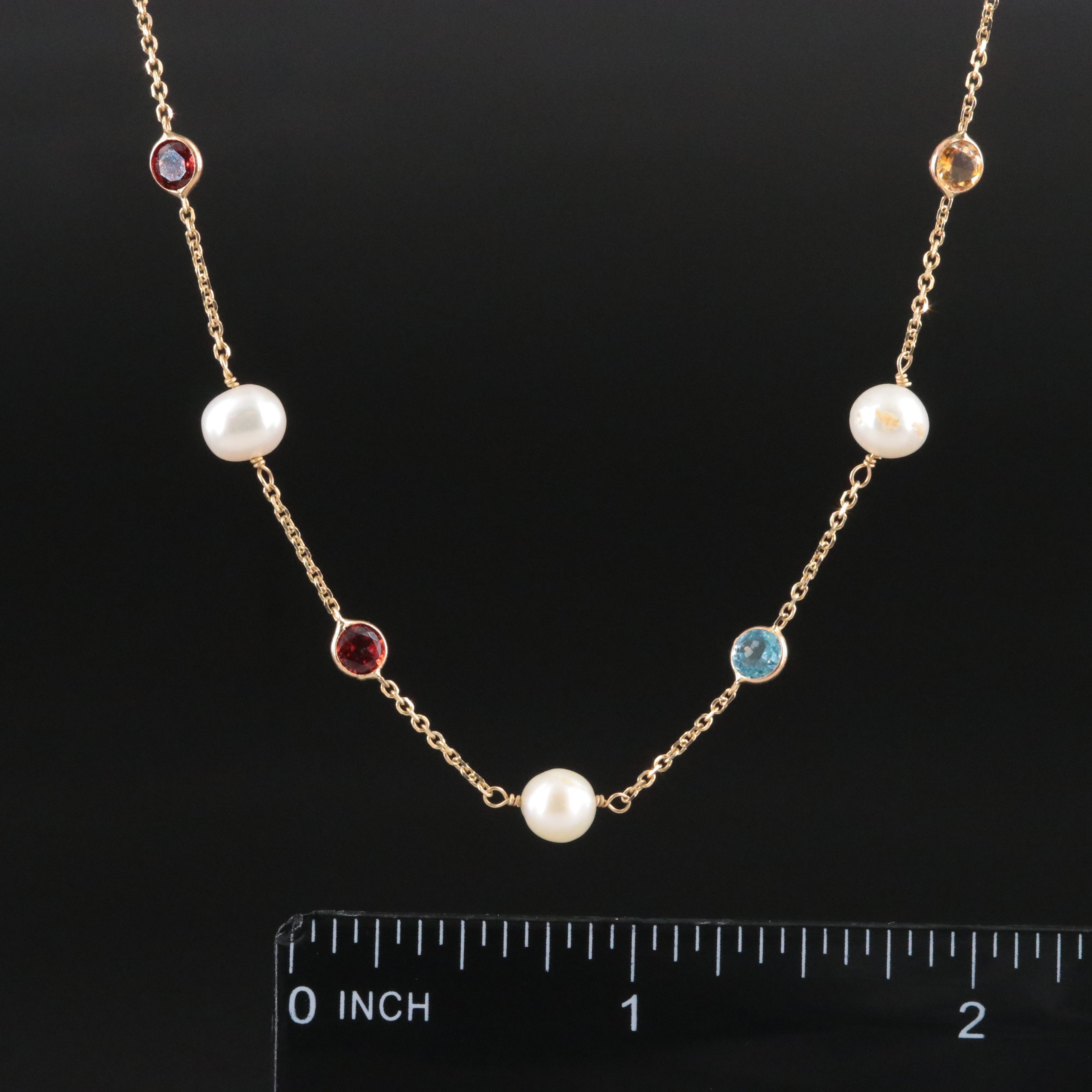 14K Pearl and Gemstone Station Necklace Featuring Peridot, Amethyst, Garnet