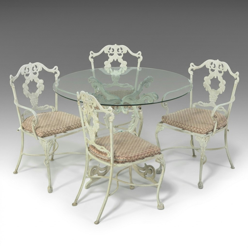 Five Piece Victorian Style Cast Metal Patio Dining Set, Late 20th Century