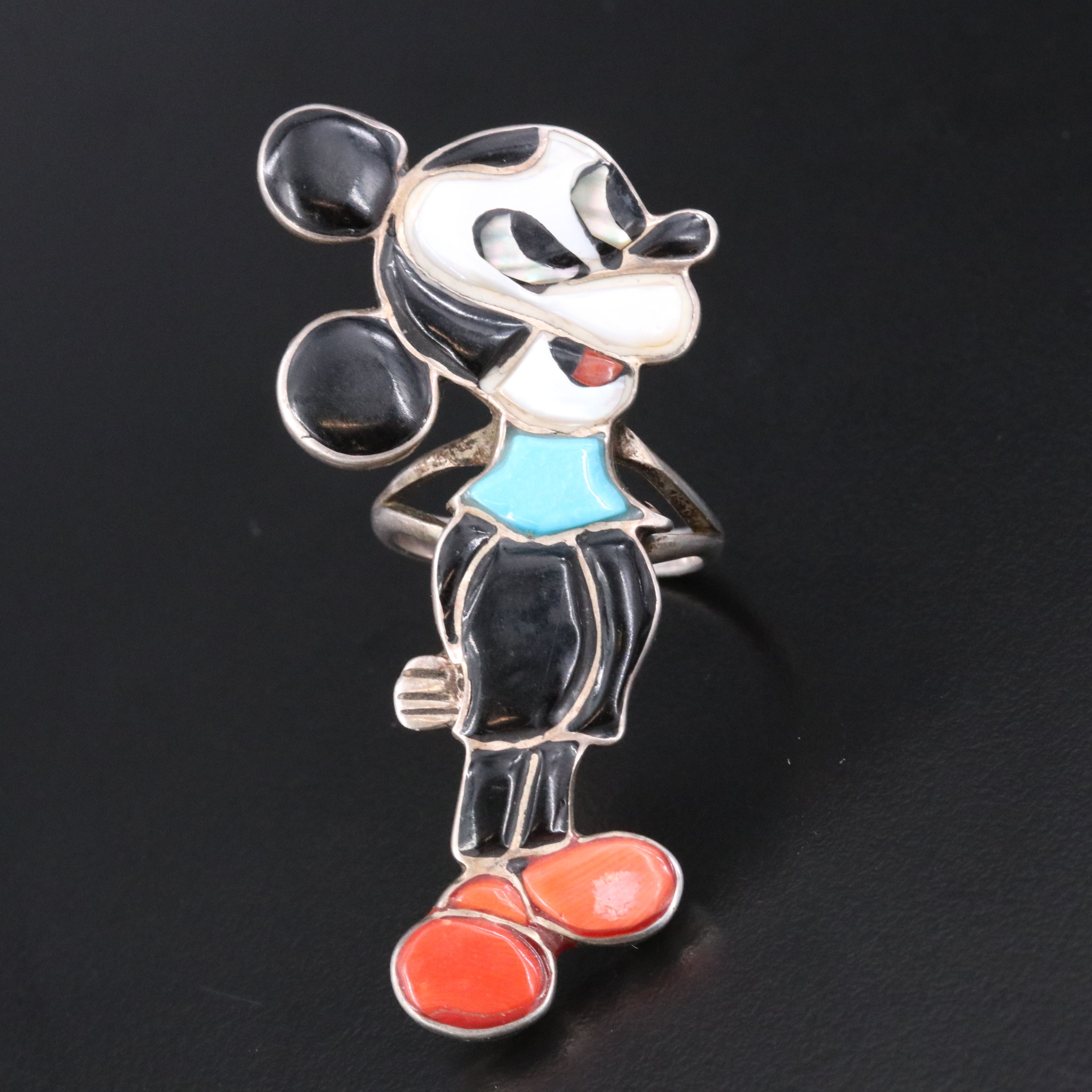 Southwestern Sterling Coral, Turquoise and Mother-of-Pearl Cartoon Mouse Ring