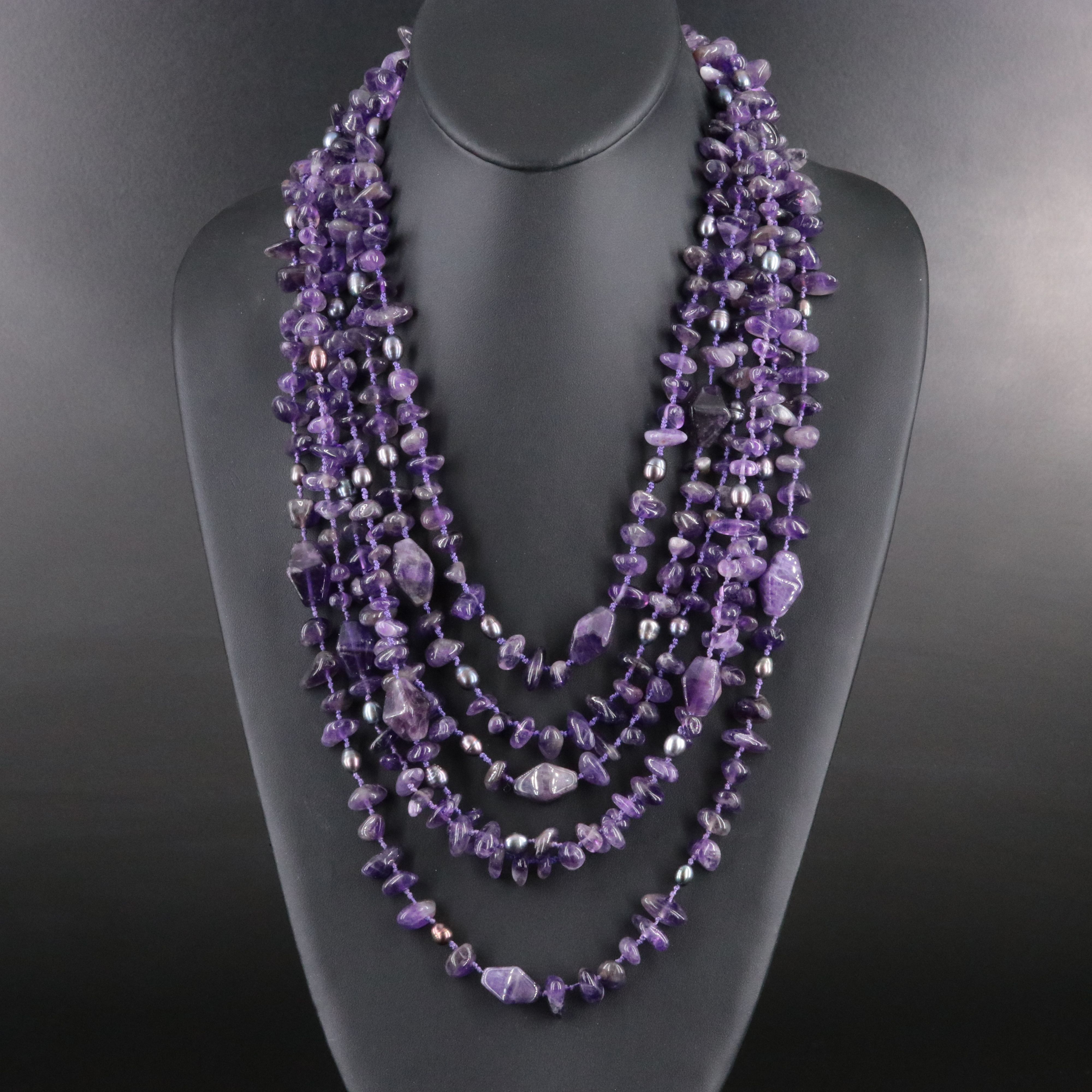 Amethyst and Pearl Tiered Six Strand Bib Necklace