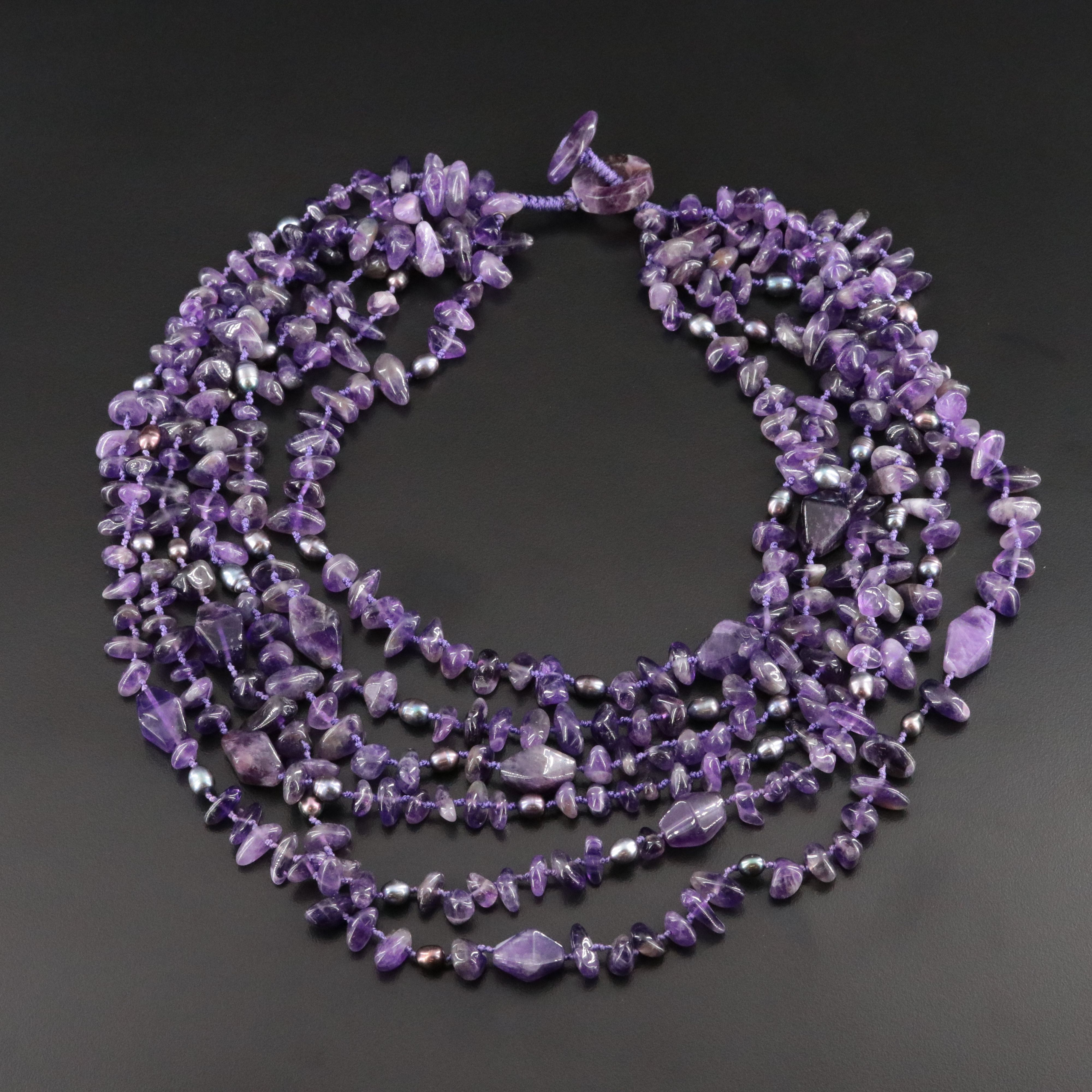 Amethyst and Pearl Tiered Six Strand Bib Necklace