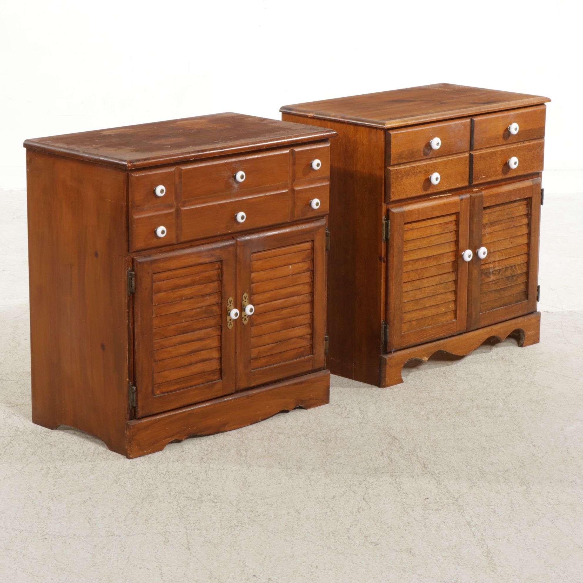 Two Colonial Revival Style Pine Nightstands with Louvered Doors
