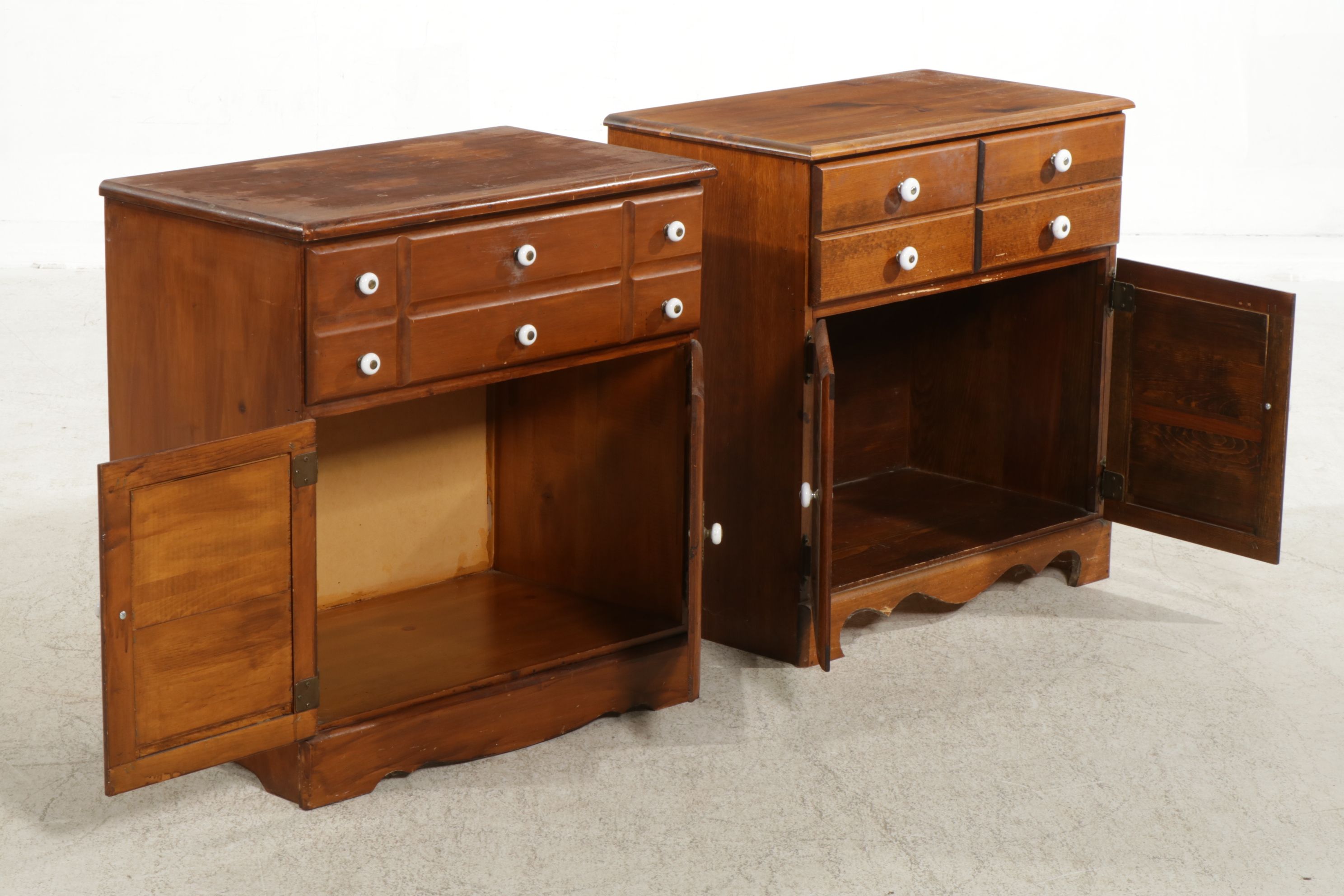 Two Colonial Revival Style Pine Nightstands with Louvered Doors