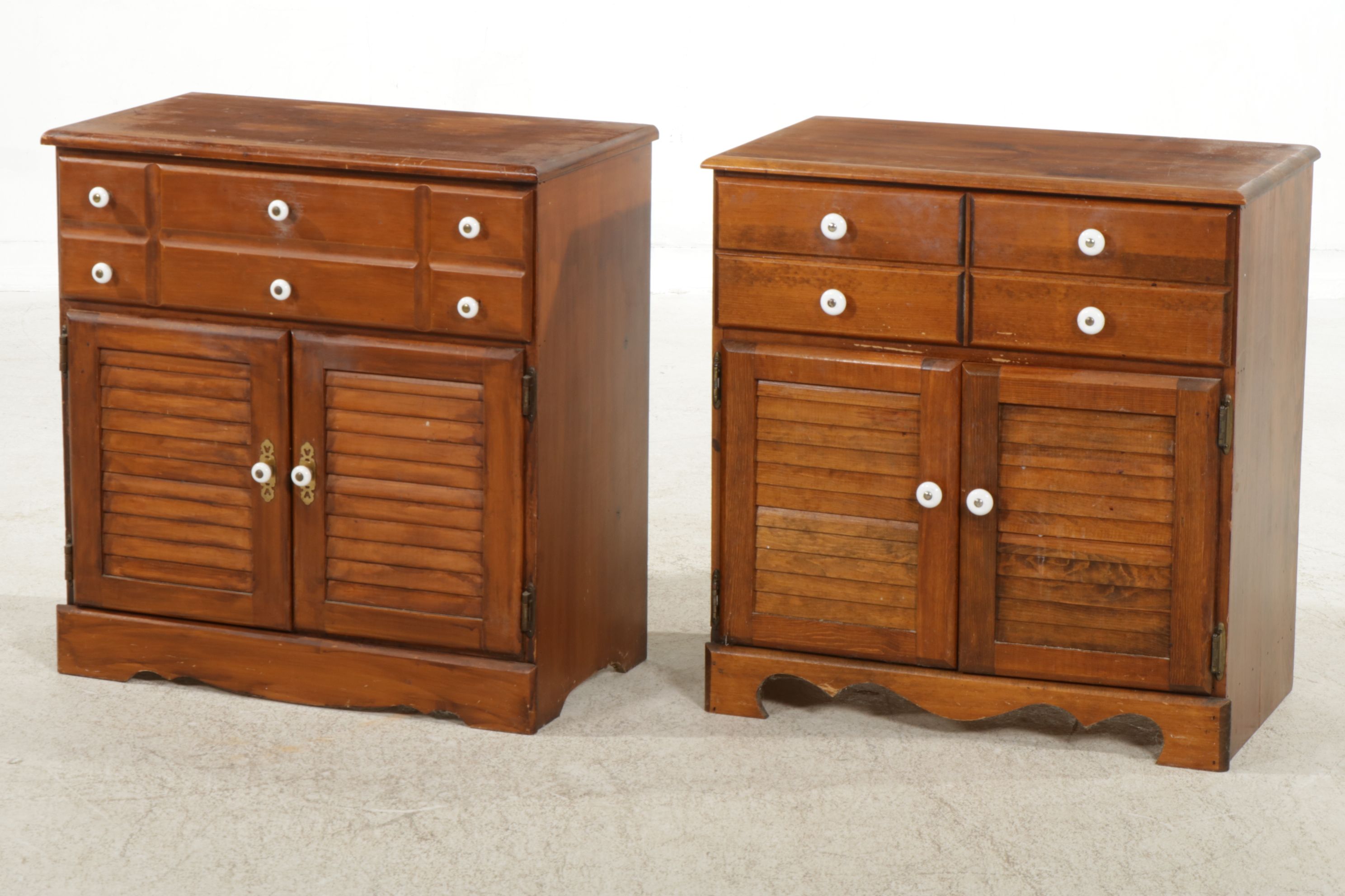 Two Colonial Revival Style Pine Nightstands with Louvered Doors