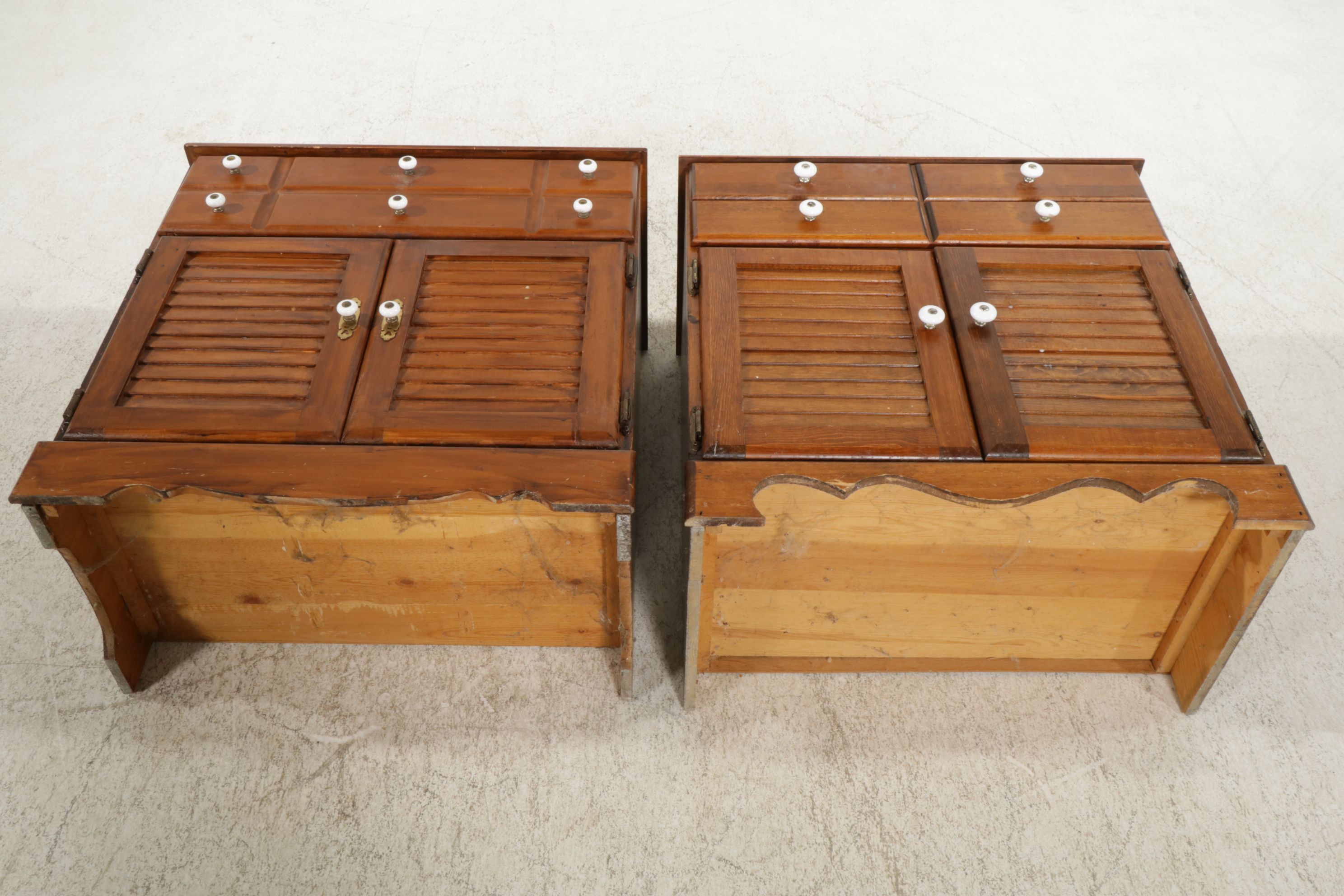 Two Colonial Revival Style Pine Nightstands with Louvered Doors