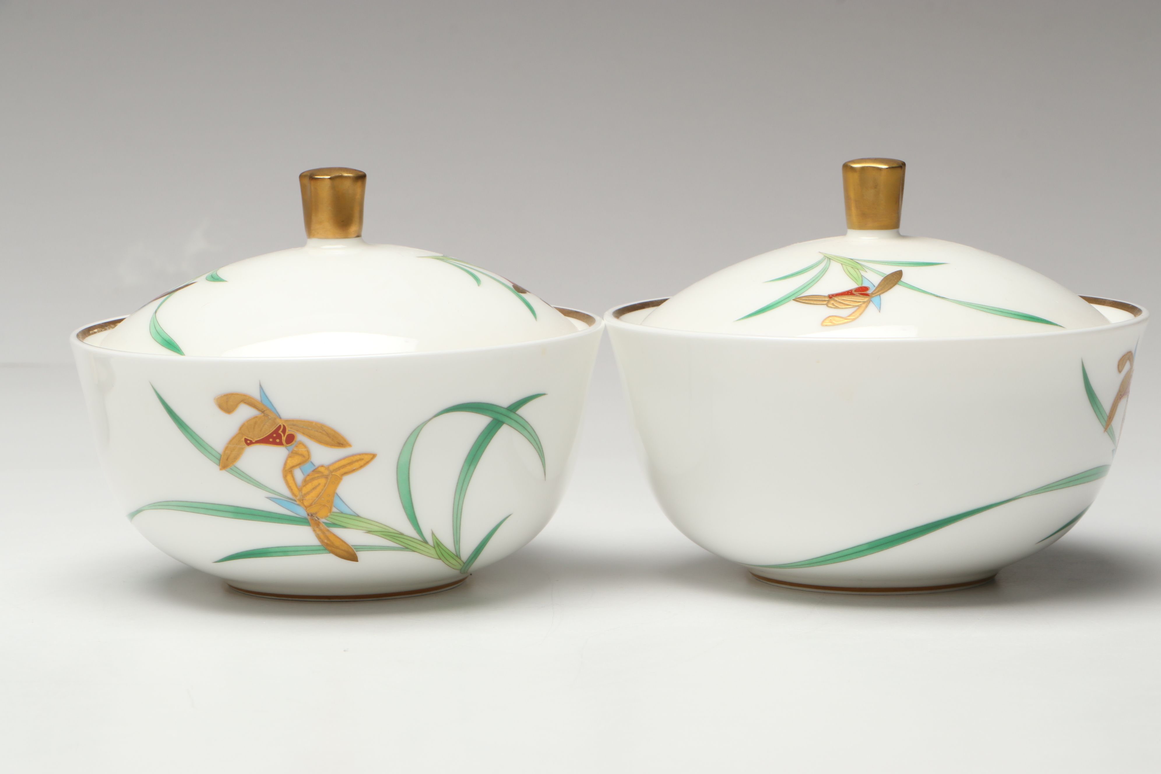 Koransha "Old Imari" and Orchid Bone China Cups and Bowls with Noritake Bowl