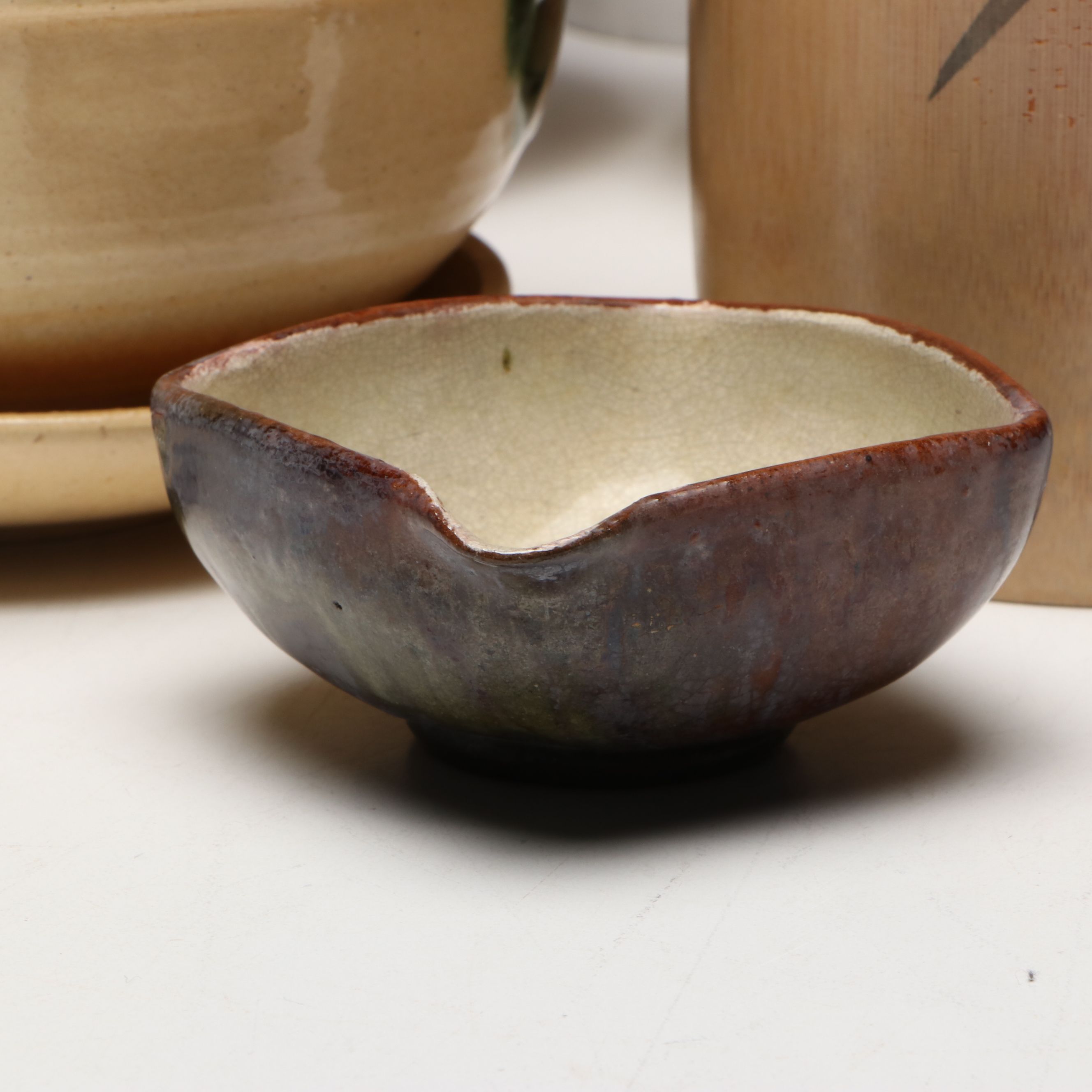 Japanese Ceramic Dinnerware with Stone Vase and Bamboo Pitcher with Tumblers