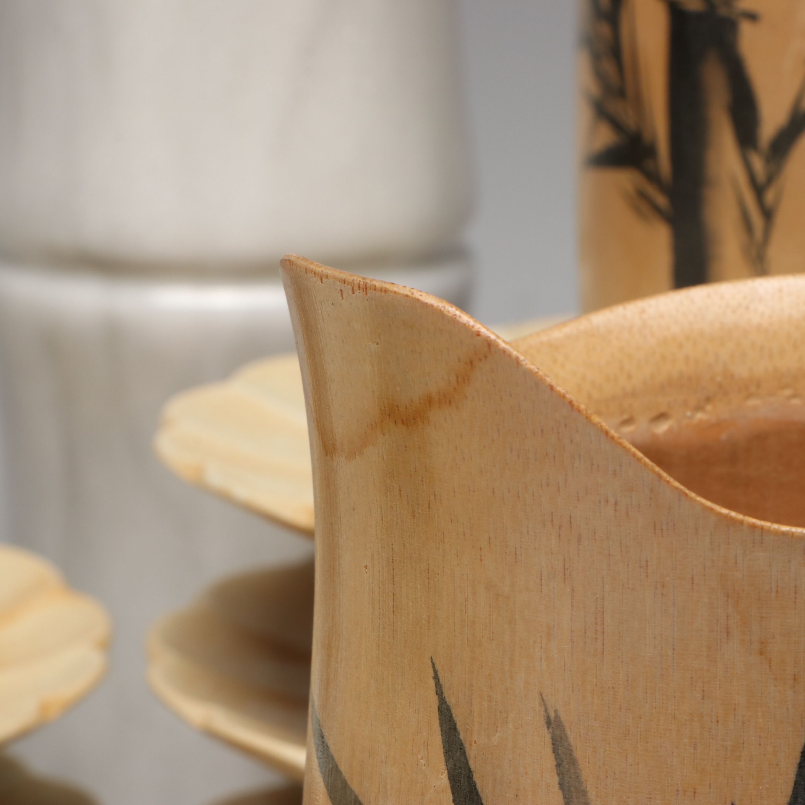 Japanese Ceramic Dinnerware with Stone Vase and Bamboo Pitcher with Tumblers