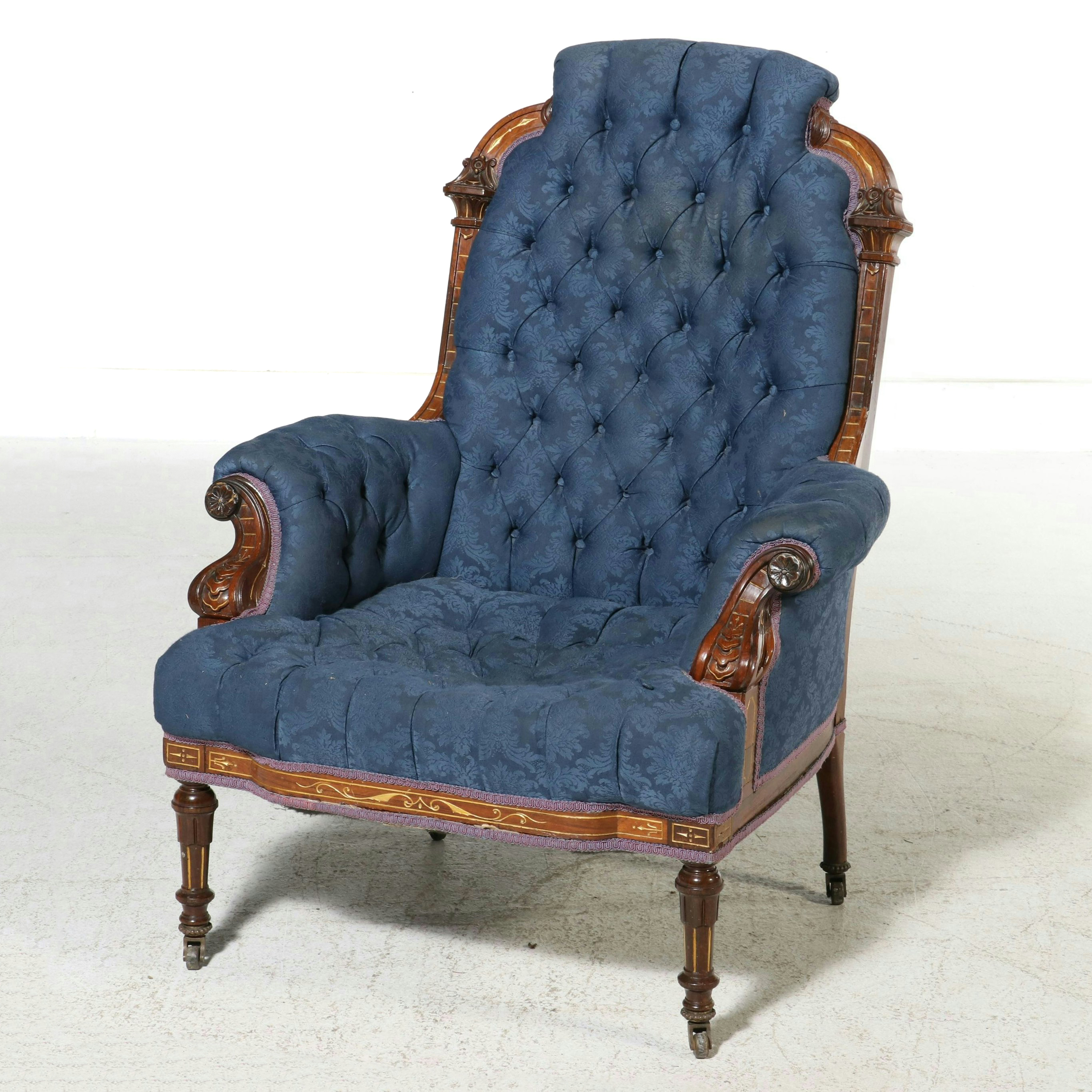 Victorian Renaissance Revival Tufted Armchair with String Inlay