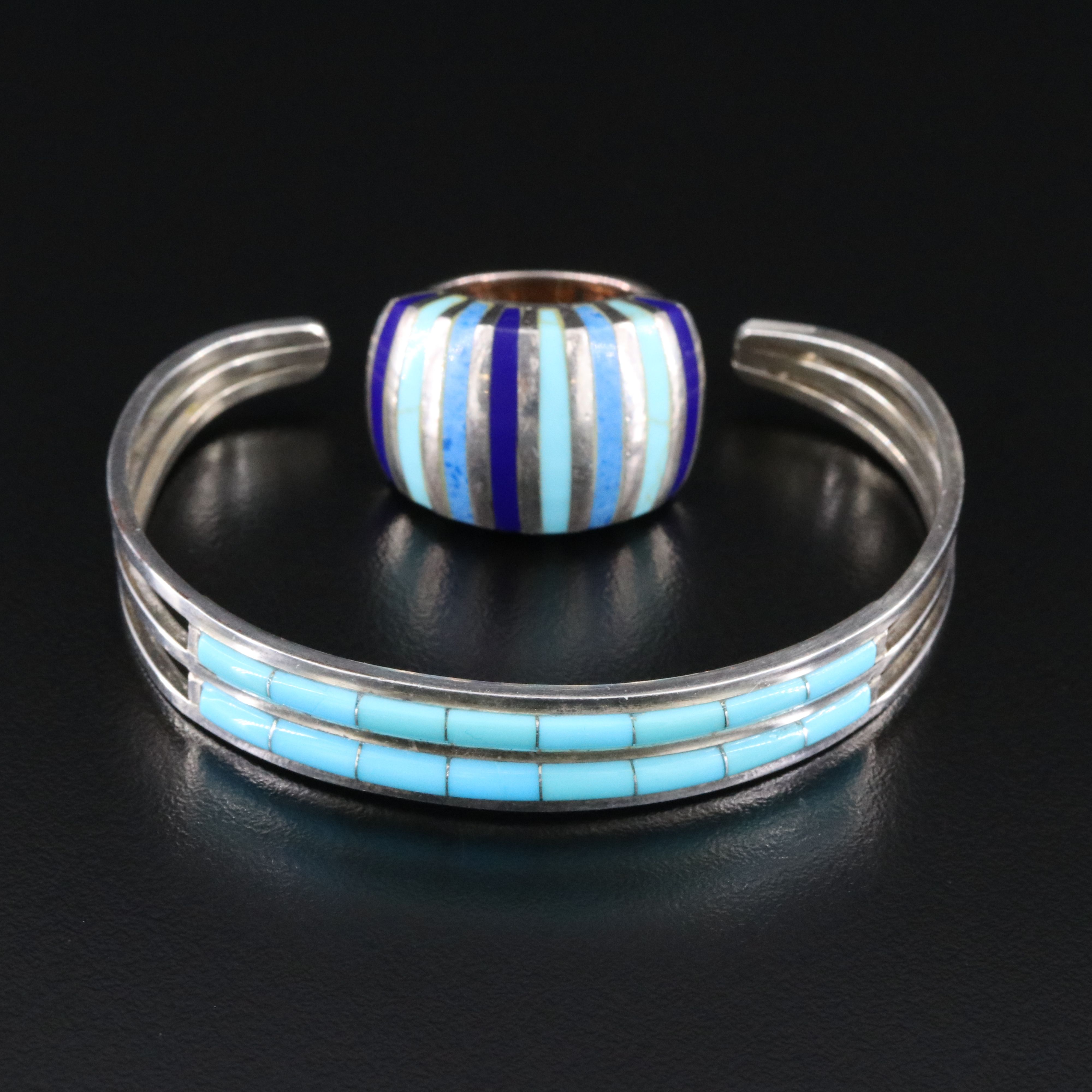 Sterling Artist Signed Gemstone Ring and Bracelet