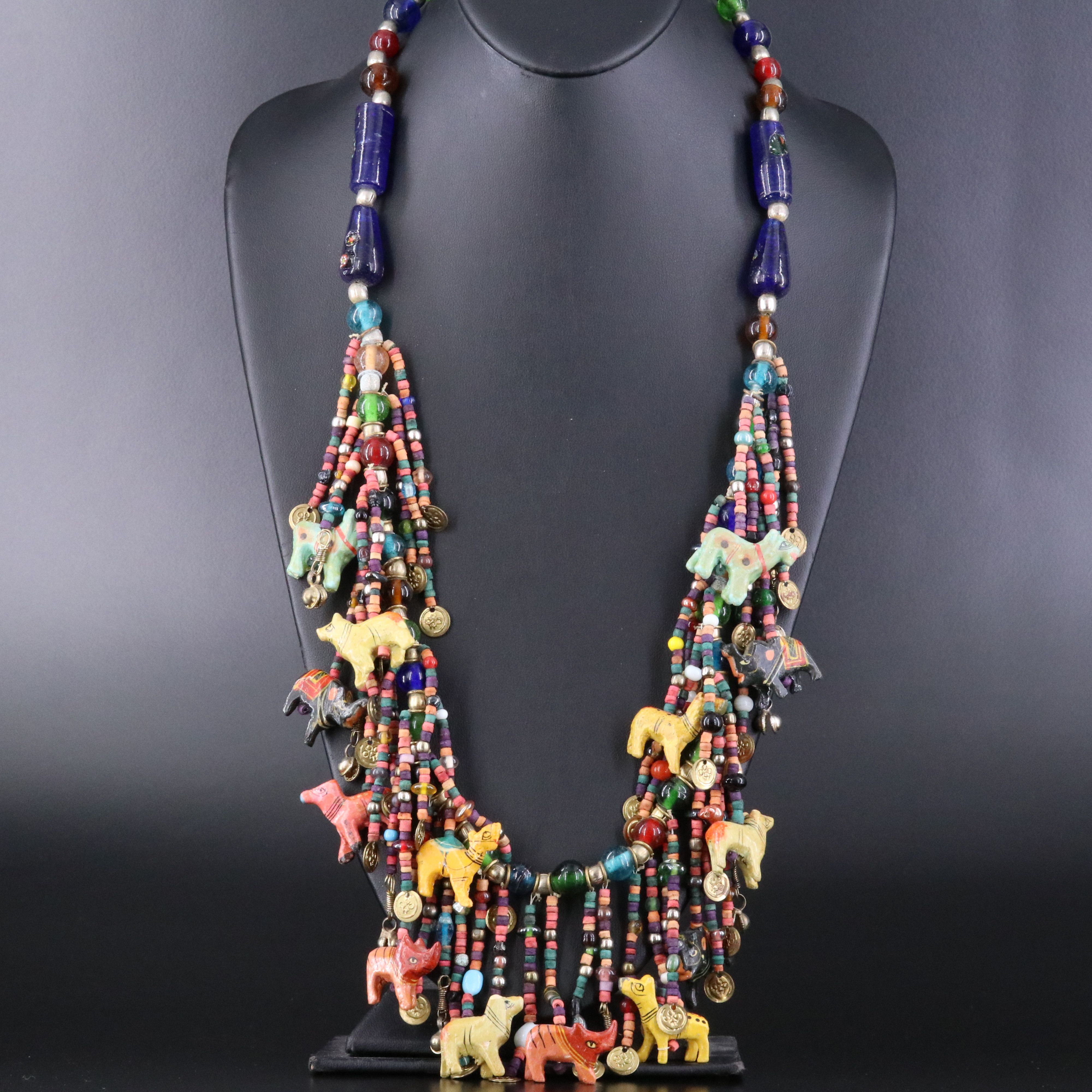 Assemblage Fringe Necklace with Painted Animal & Lampwork Beads