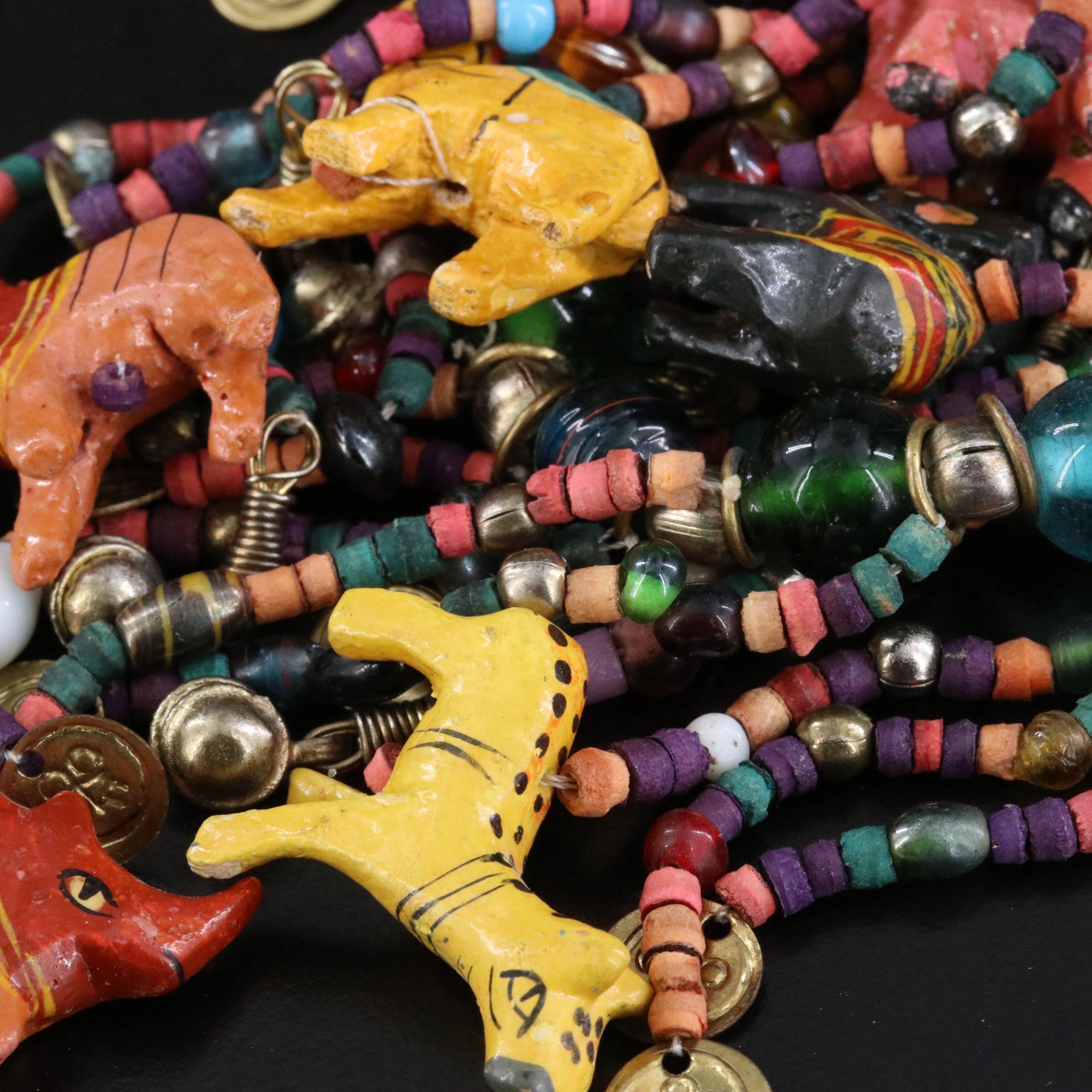 Assemblage Fringe Necklace with Painted Animal & Lampwork Beads